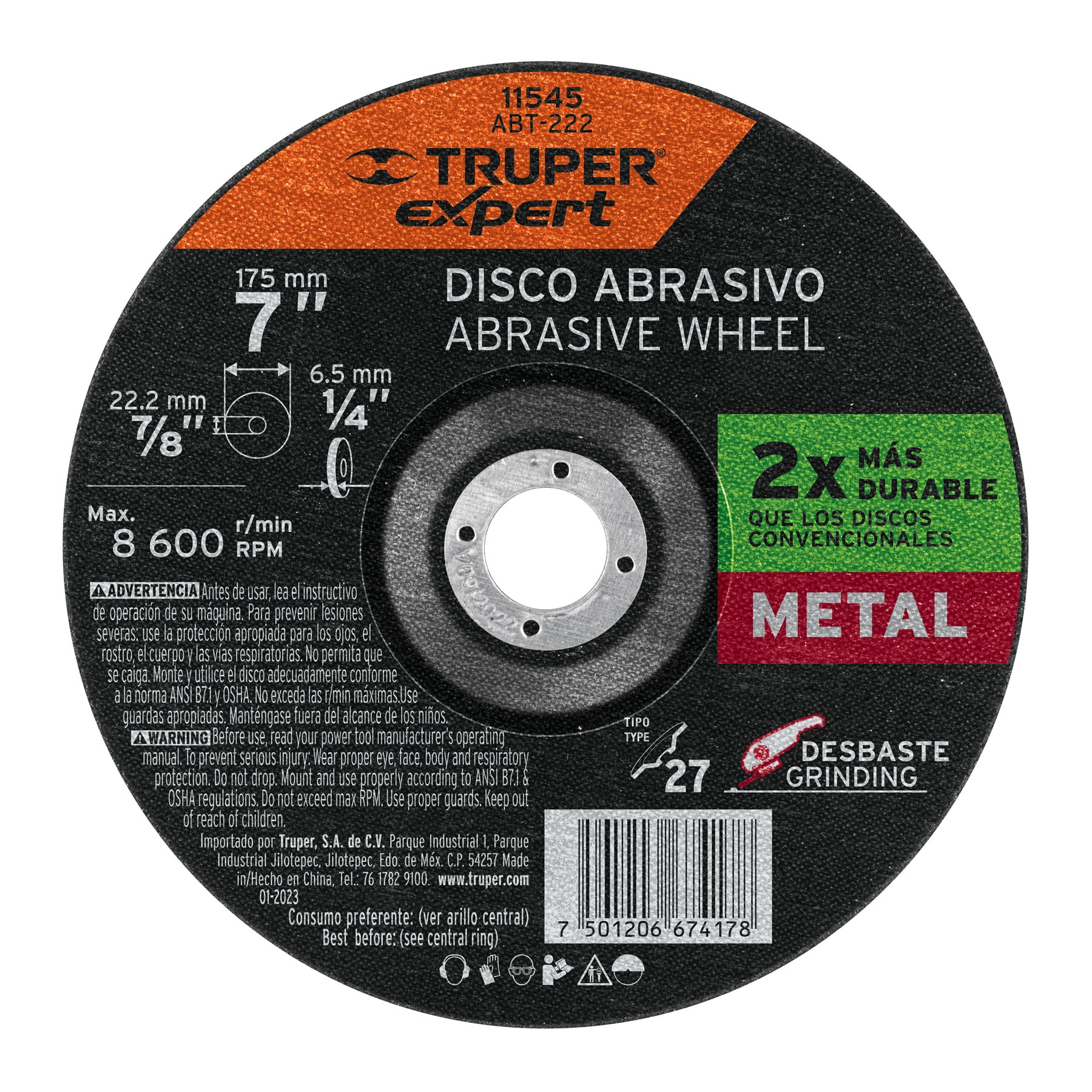 Disco Tipo 27 de 7' x 6.4 mm desbaste de metal, EXPERT - Imagen 2