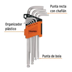 Juego de 10 llaves hexagonales std largas, punta de bola - Imagen 3