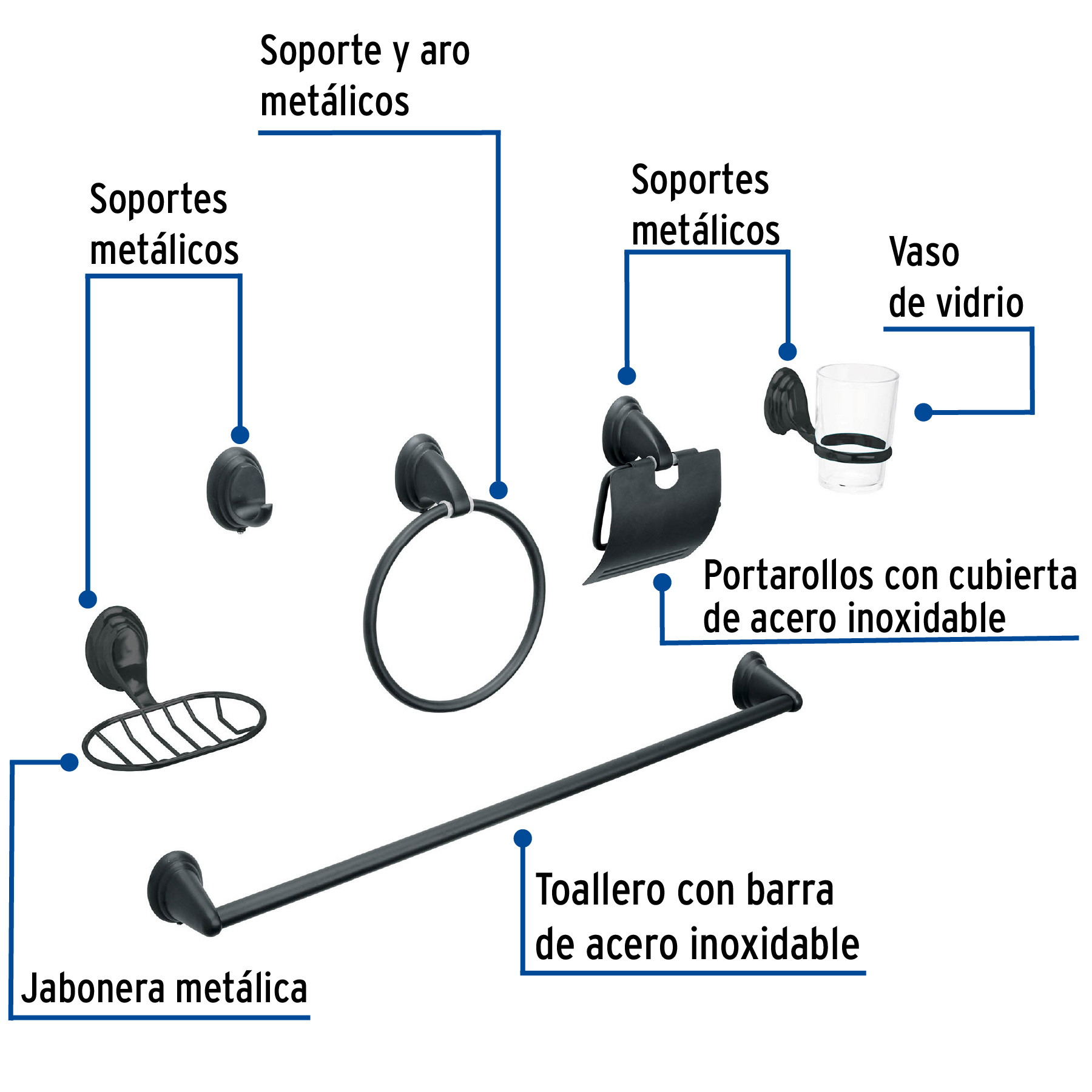 Juego de 6 accesorios para baño, negro, FOSET AQUA - Imagen 3
