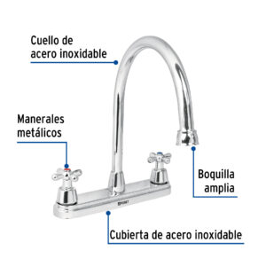 Mezcladora fregadero 8' cromo, cuello largo, cruceta, AQUA - Imagen 3