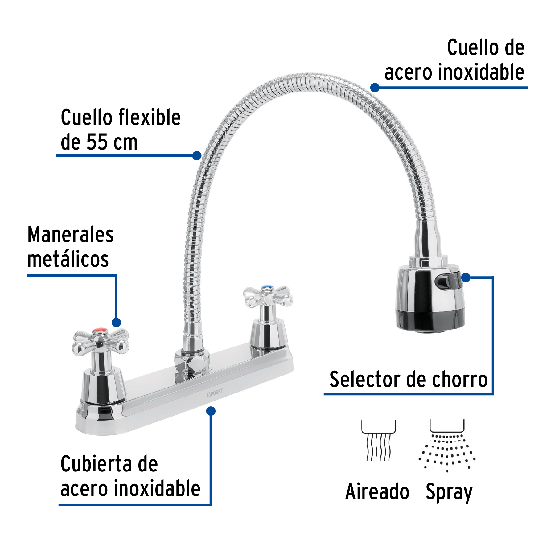 Mezcladora fregadero 8' cromo, cuello flexible, cruceta,AQUA - Imagen 3
