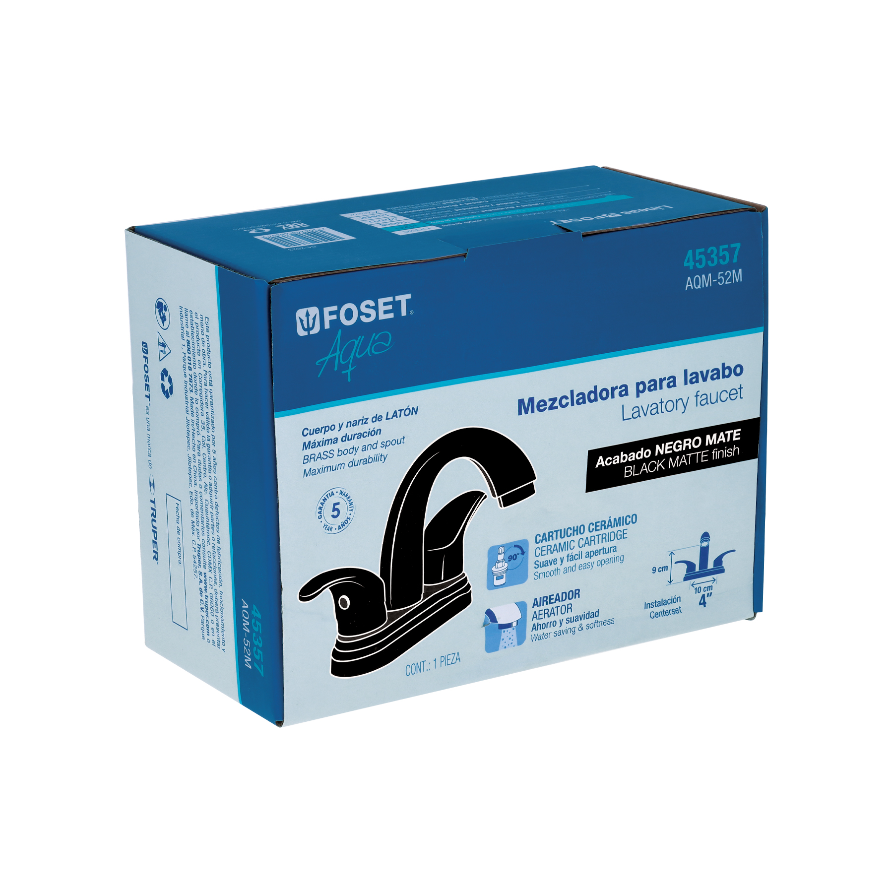 Mezcladora lavabo 4' negro, nariz curva, palanca, AQUA - Imagen 6