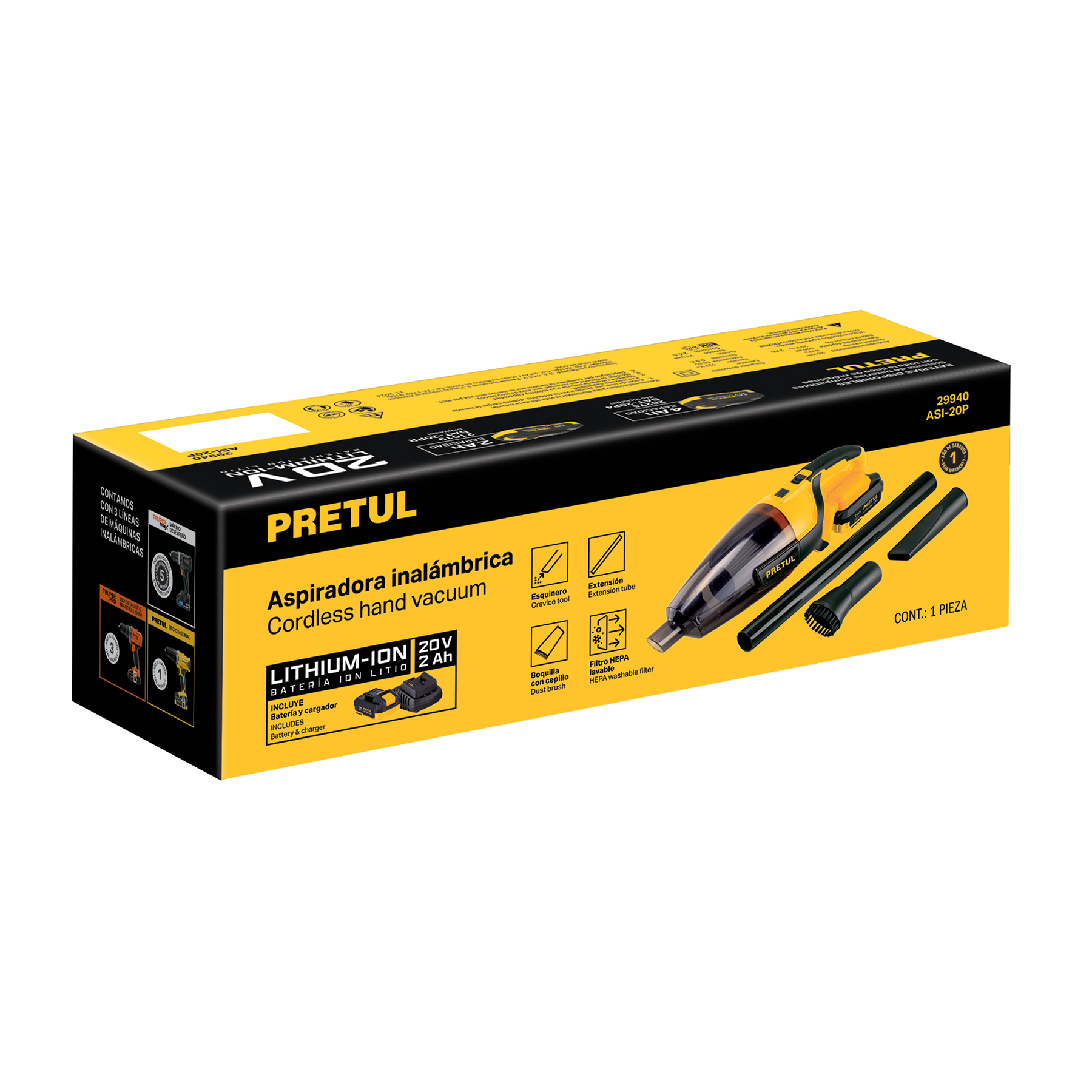 Aspiradora para auto, 20V, 1 batería 2Ah, PRETUL - Imagen 3