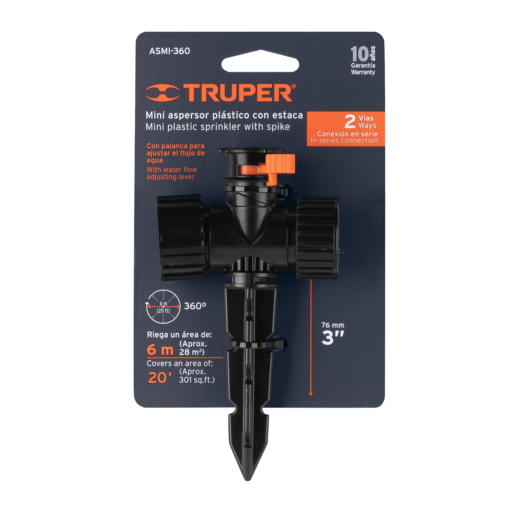 Mini aspersor plástico, dos vías, irrigación 360°, TRUPER - Imagen 6