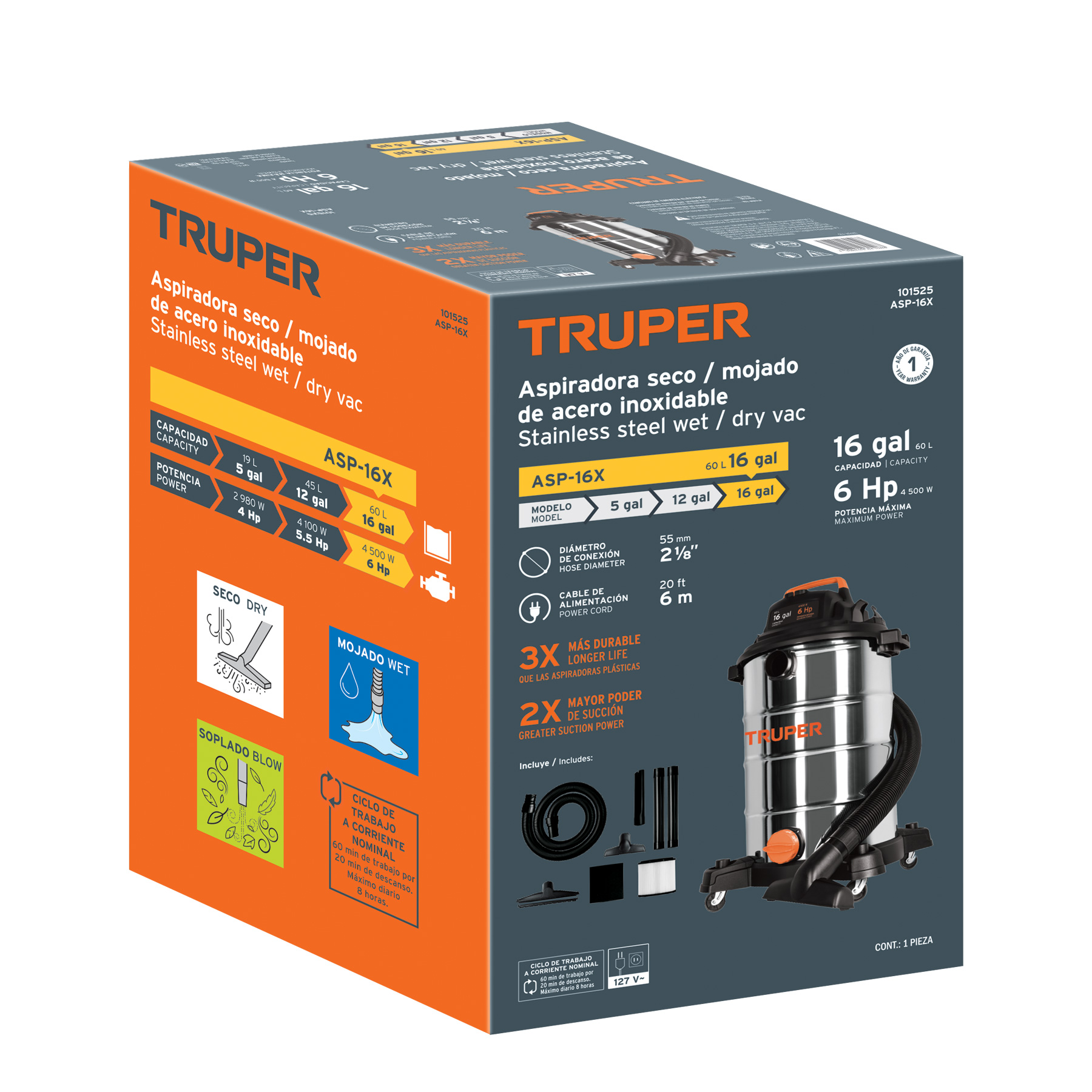 Aspiradora de sólidos y líquidos, 16 gal, acero inox, TRUPER - Imagen 4