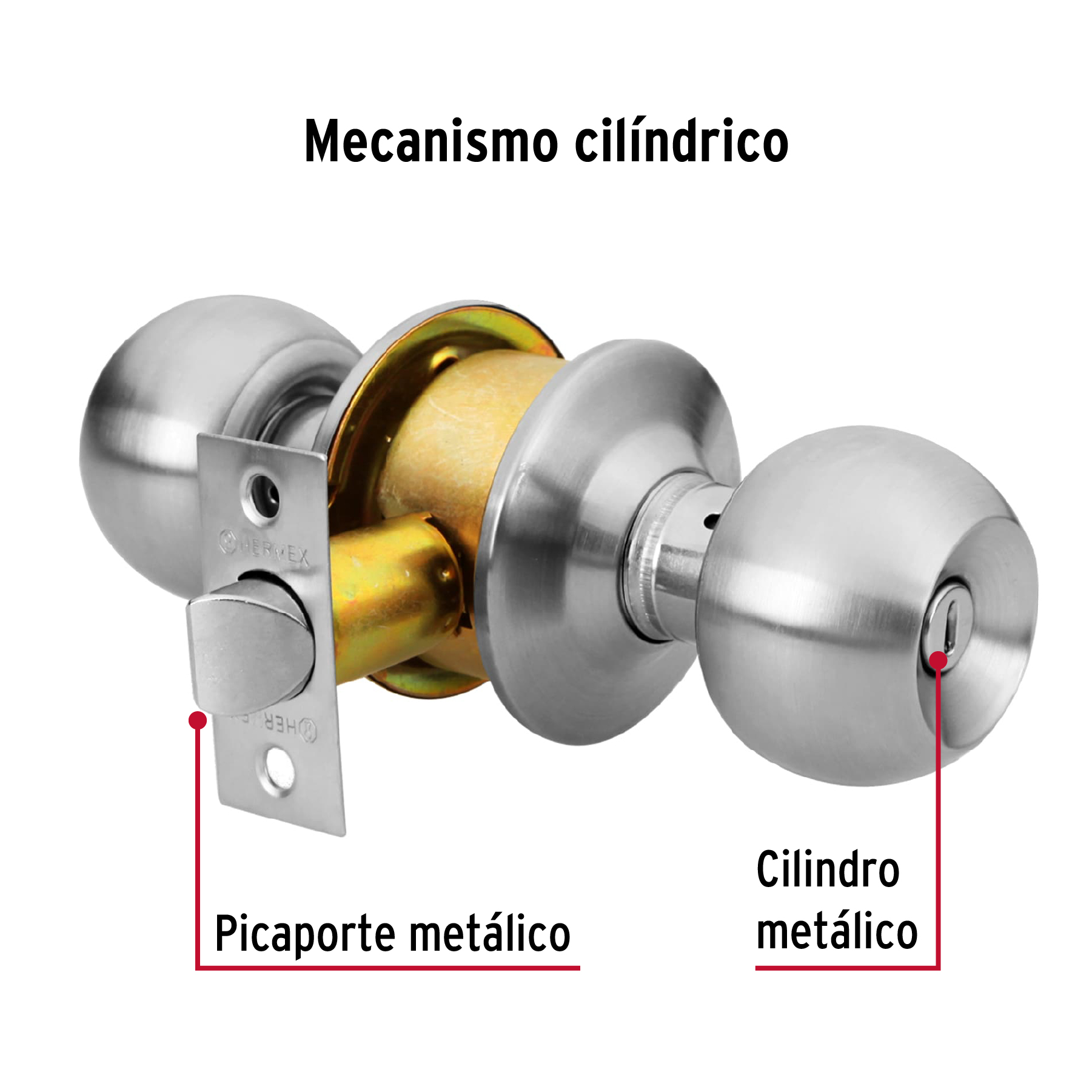 Cerradura tipo esfera, cilíndrico, baño, cromo, HERMEX BASIC - Imagen 4