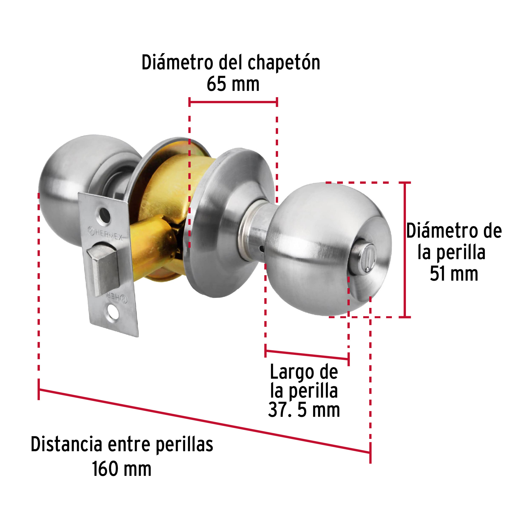 Cerradura tipo esfera, cilíndrico, baño, cromo, HERMEX BASIC - Imagen 6