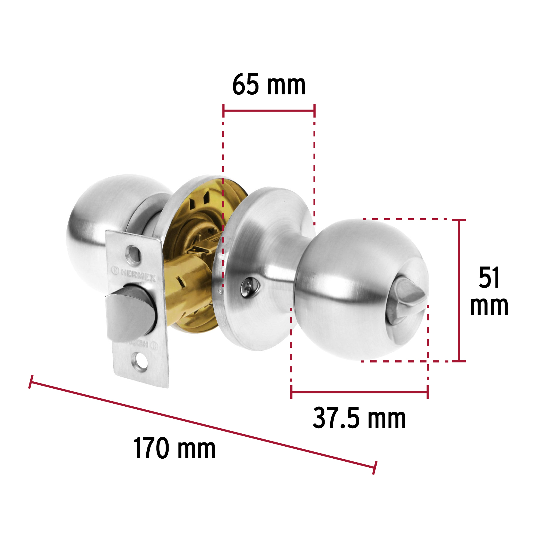 Cerradura tipo esfera, tubular, baño, cromo, HERMEX BASIC - Imagen 6