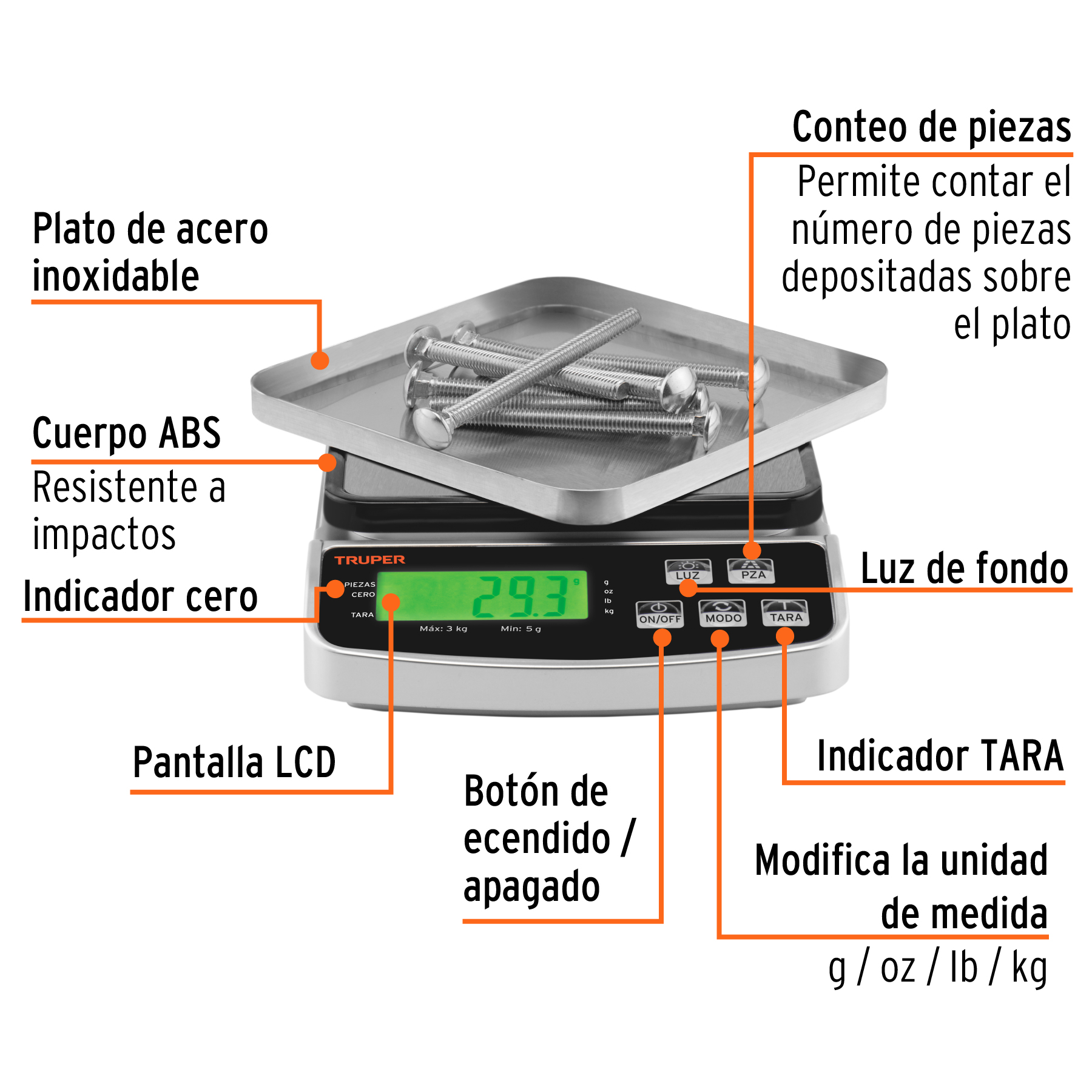 Báscula electrónica de precisión, recargable, 3 kg, TRUPER - Imagen 4