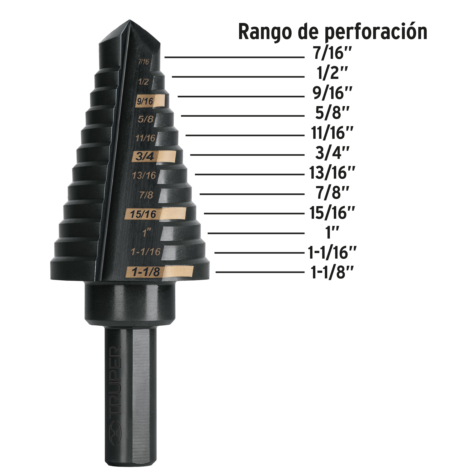 Broca escalonada óxido negro 12escalones 7/16 a 1-1/8,Truper - Imagen 4