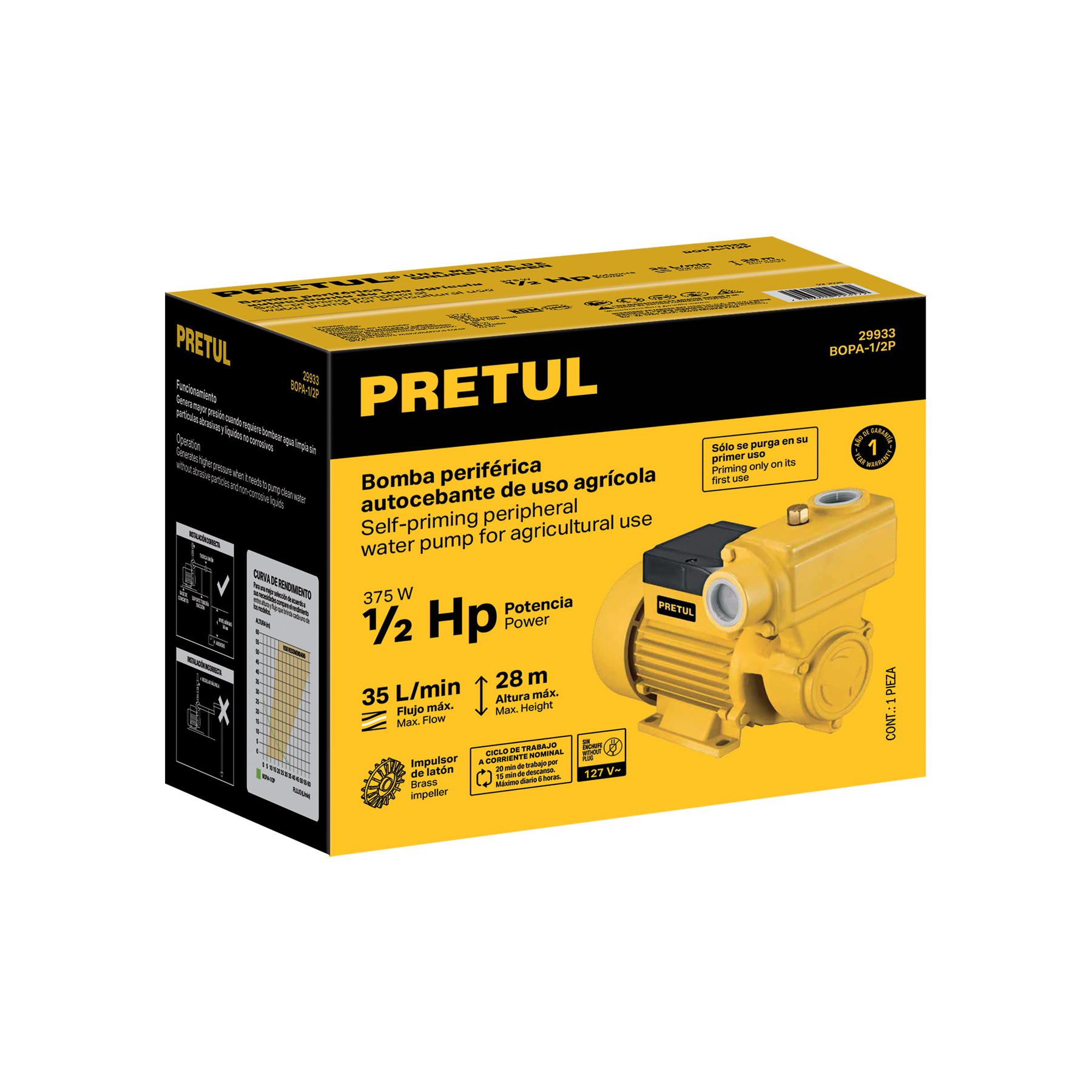 Bomba periférica autocebante 1/2HP, uso agrícola, PRETUL - Imagen 6