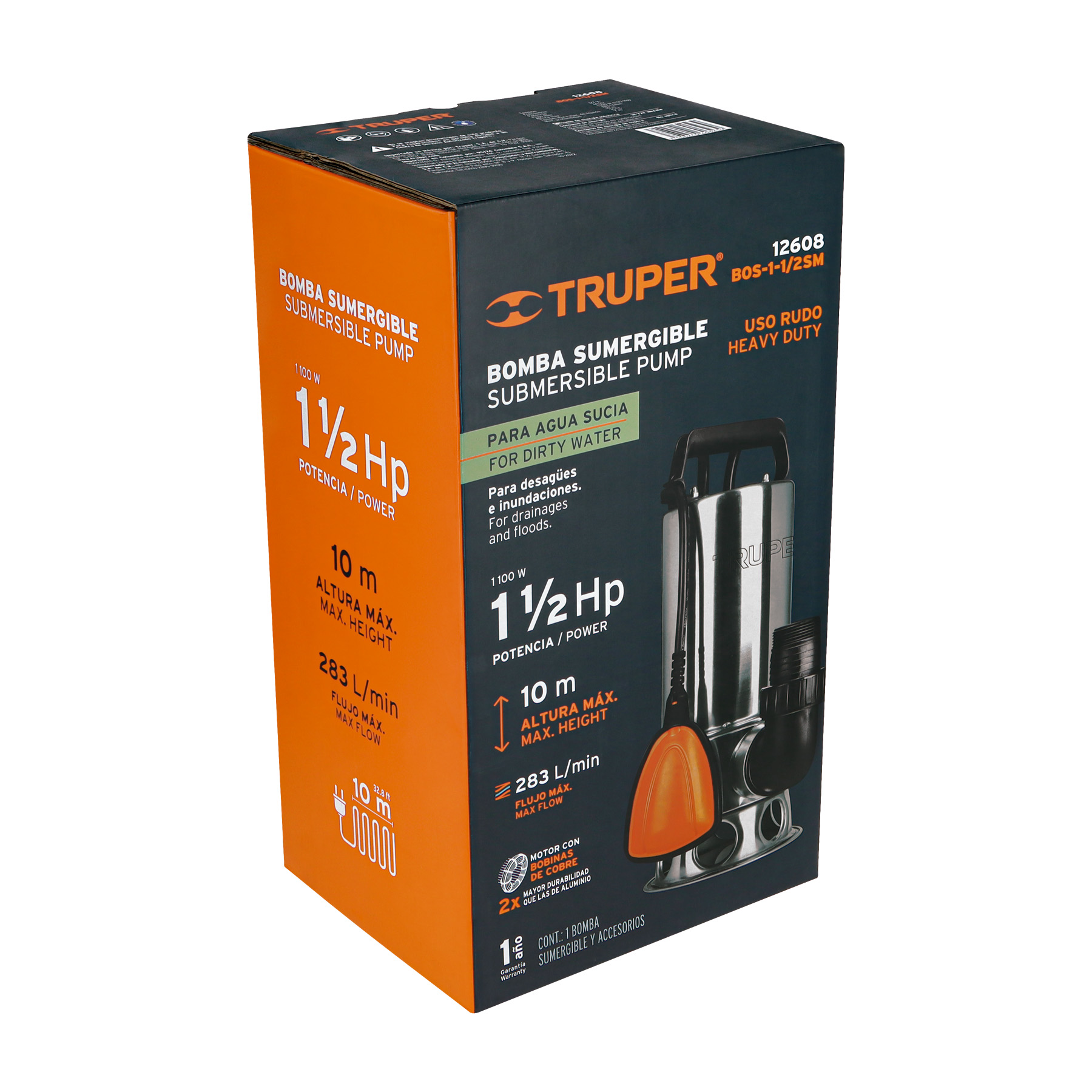 Bomba sumergible acero inoxidable,agua sucia,1-1/2HP, TRUPER - Imagen 5