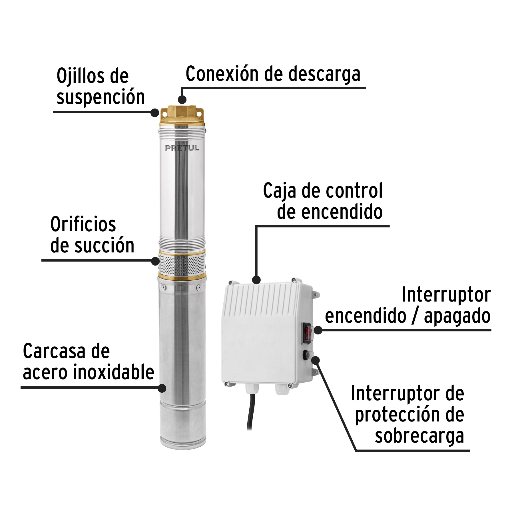 Bomba sumergible tipo bala 4', 1HP, uso agrícola, PRETUL - Imagen 3