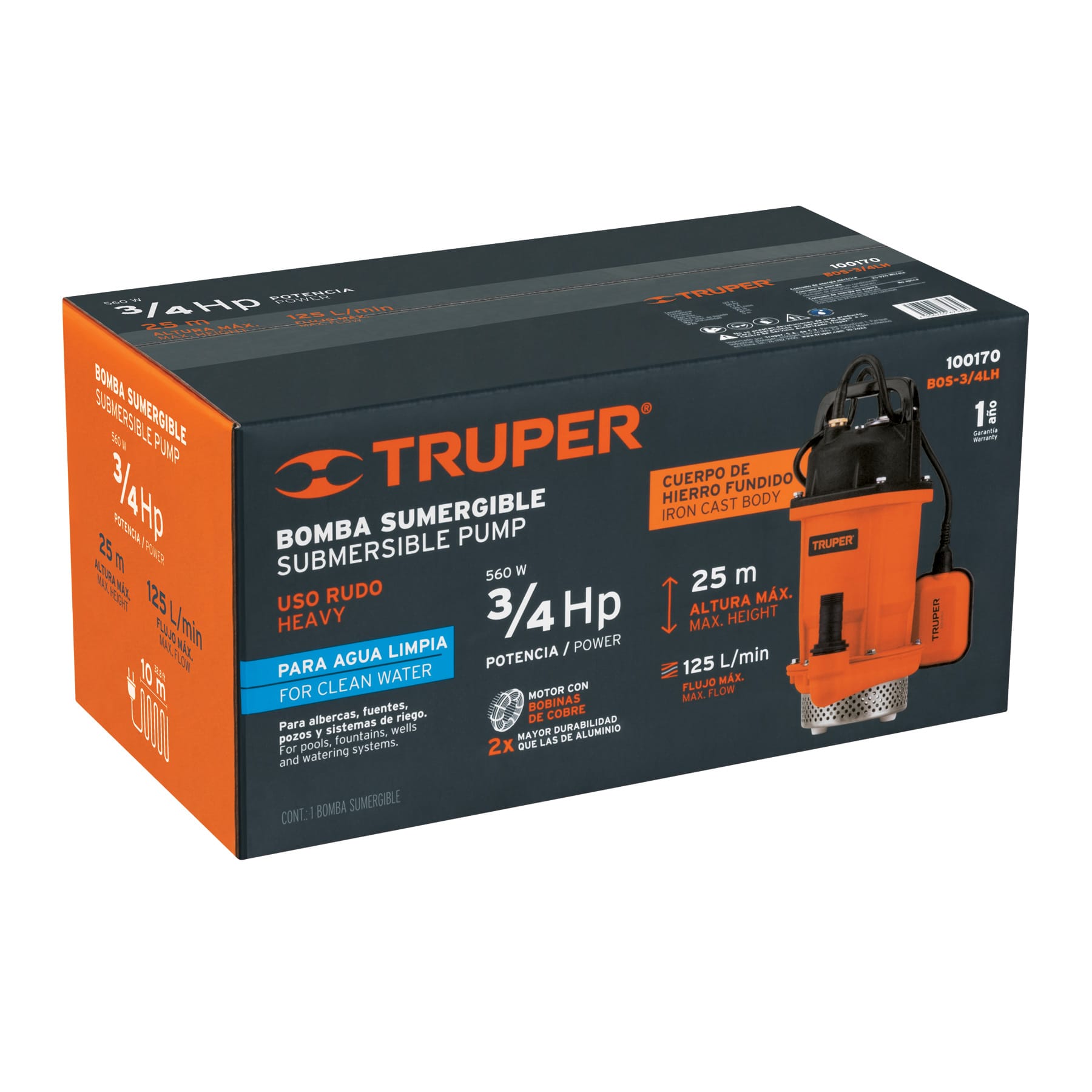 Bomba sumergible hierro fundido, agua limpia, 3/4 HP, TRUPER - Imagen 5