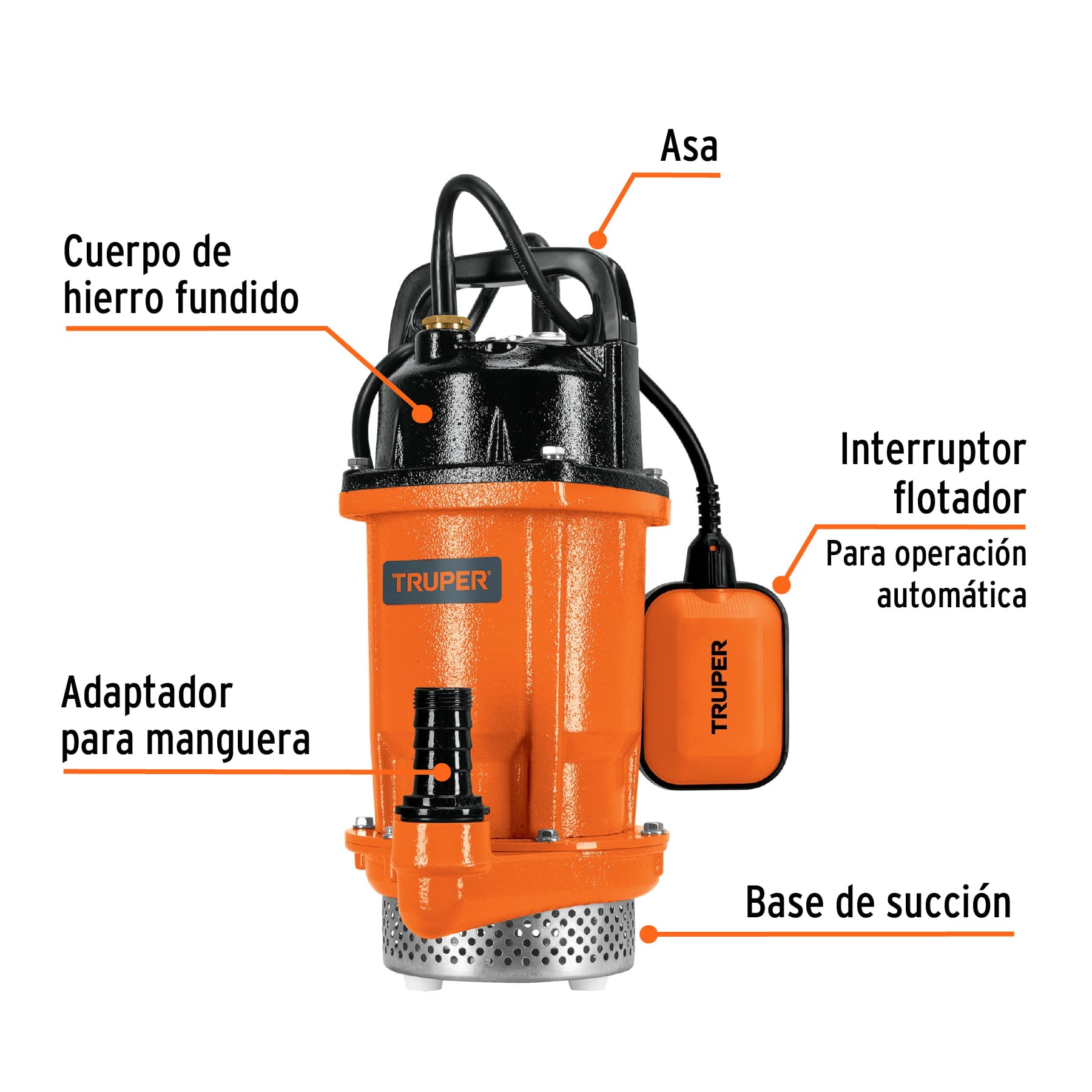 Bomba sumergible hierro fundido, agua limpia, 3/4 HP, TRUPER - Imagen 3