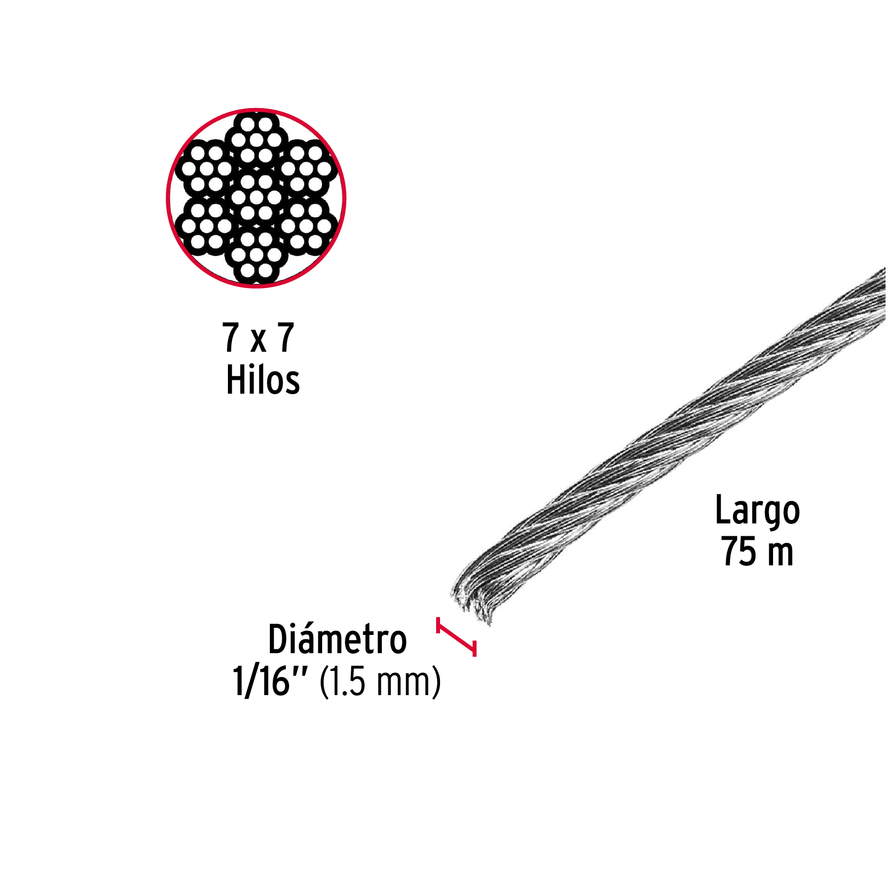 Metro de cable rígido 1/16' de acero 7x7 hilos, 75 m, FIERO - Imagen 4