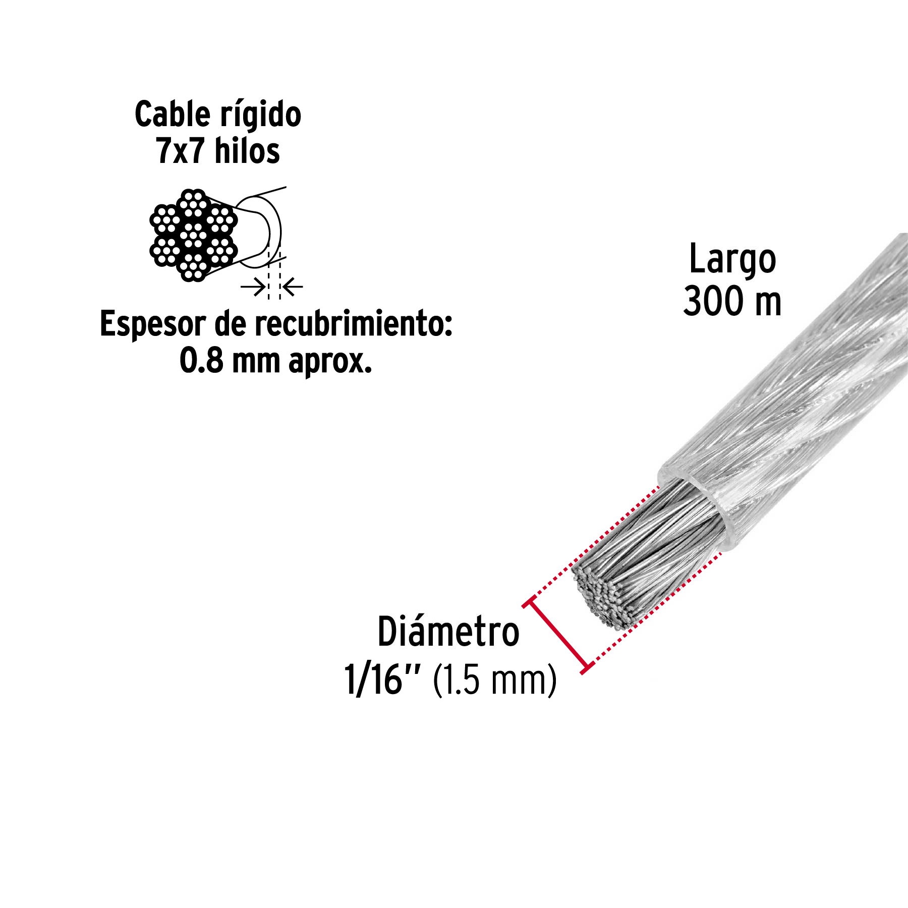 Metro de cable rígido 1/16' acero 7x7 recubierto PVC, 300 m - Imagen 4