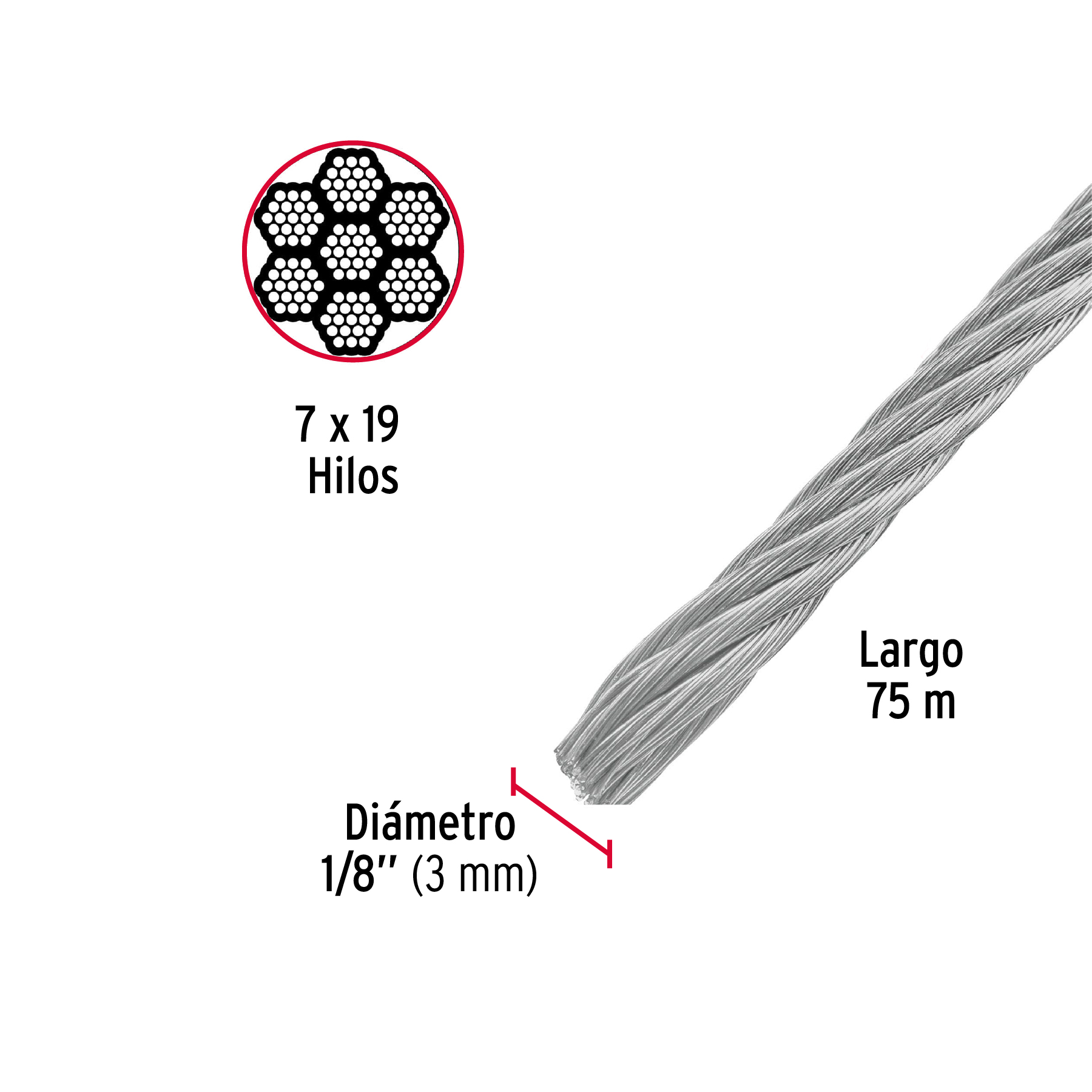 Metro de cable flexible 1/8' de acero 7x19 hilos, 75 m - Imagen 4