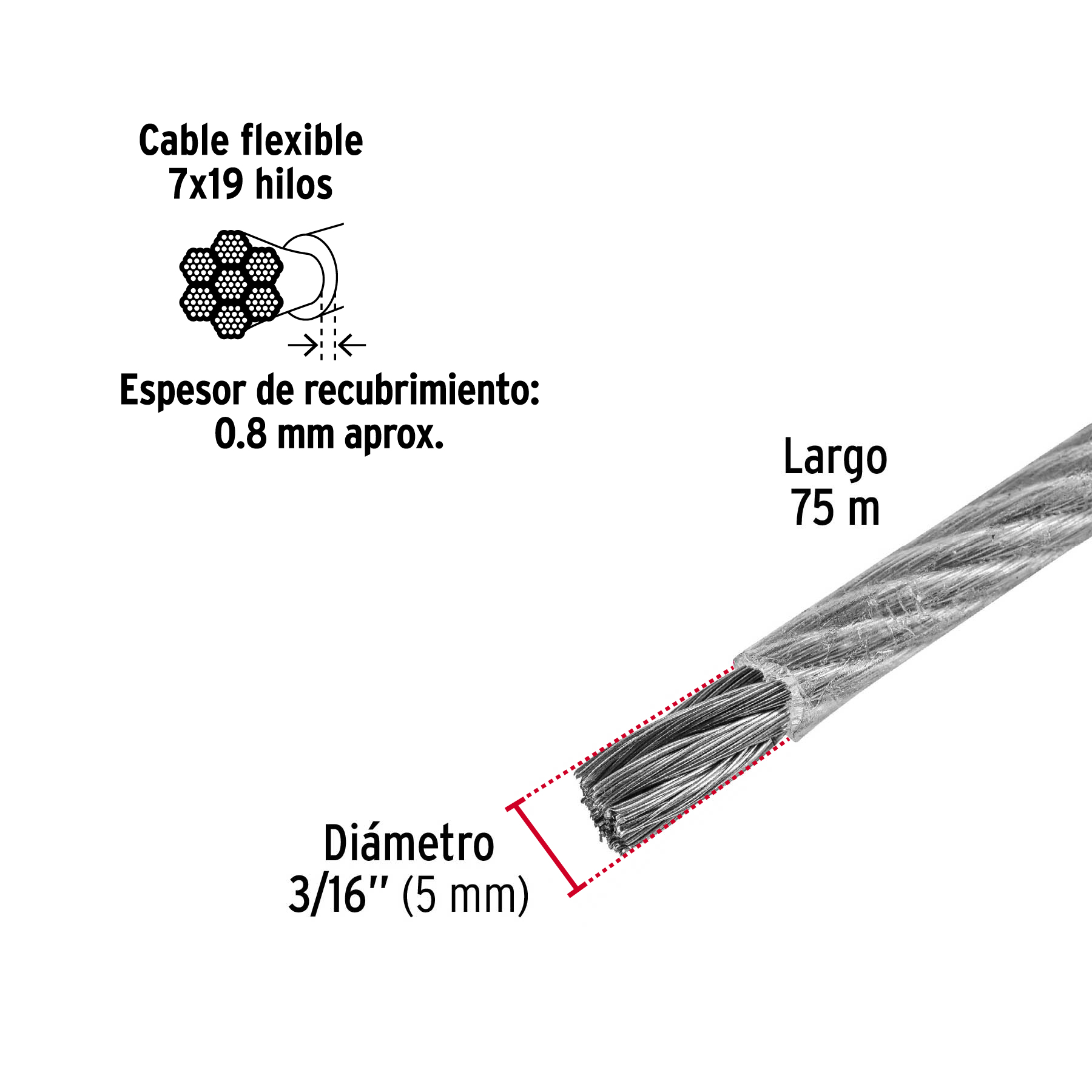 Metro cable flexible 3/16' acero 7x19 recubierto PVC, 75 m - Imagen 4