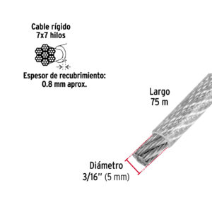 Metro de cable rígido 3/16' acero 7x7 recubierto PVC, 75 m - Imagen 4