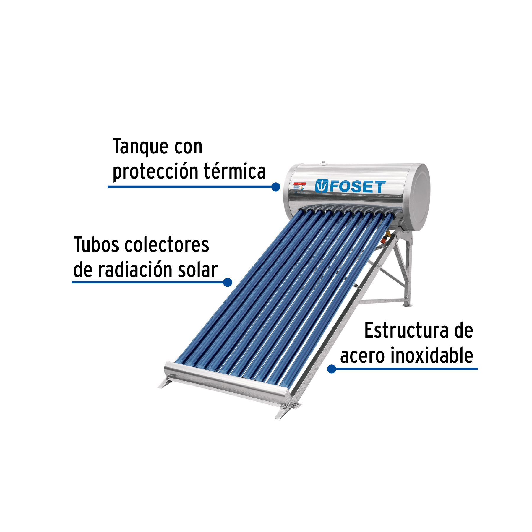 Calentador solar de agua 10 tubos, 120L, 3 personas, FOSET - Imagen 3