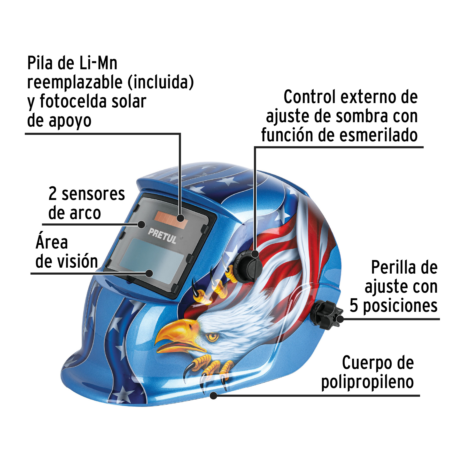 Careta electrónica para soldar sombra 9-13, águila, PRETUL - Imagen 3