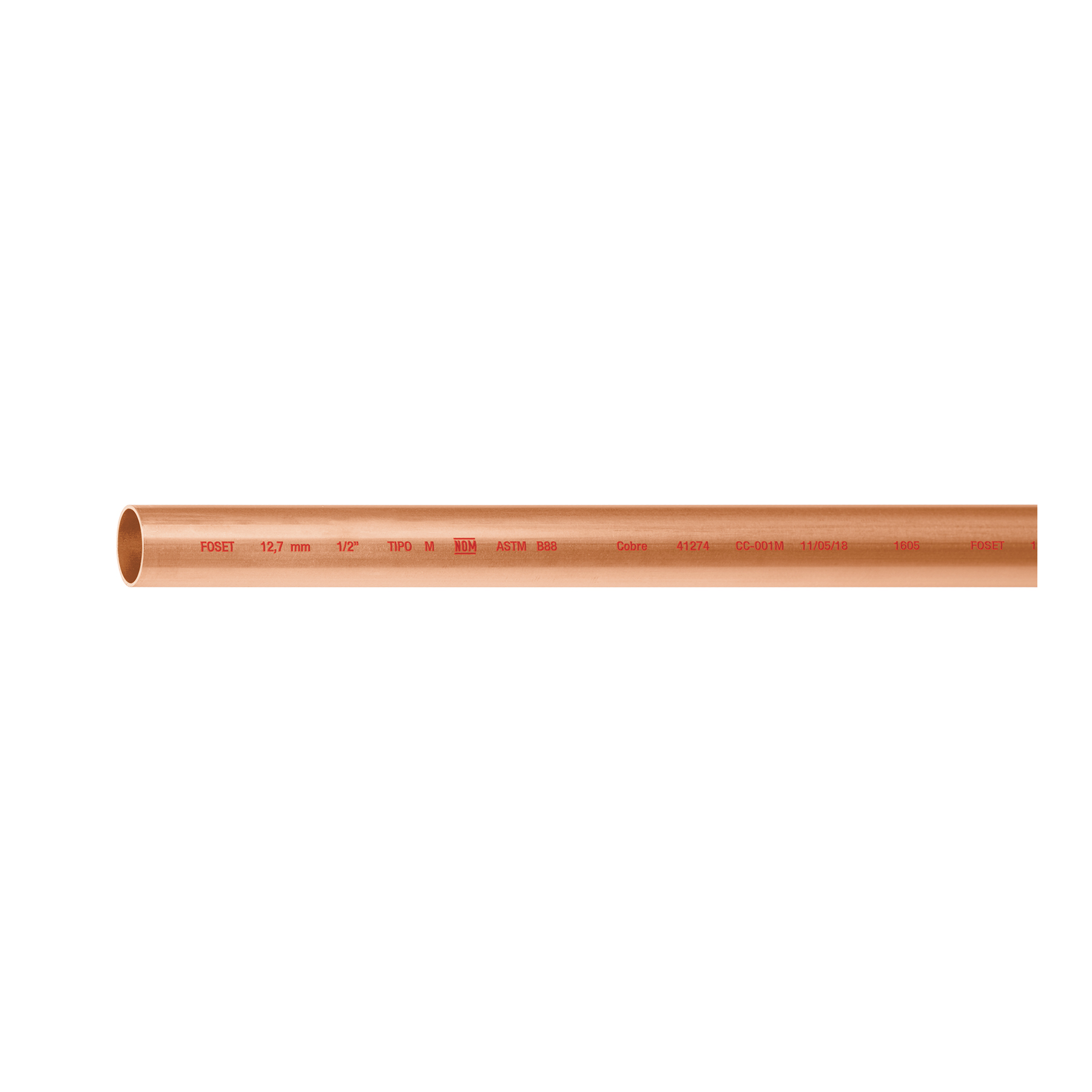 Tubo rígido de cobre 1/2' tipo 'M', 3m, 0.9kg, FOSET