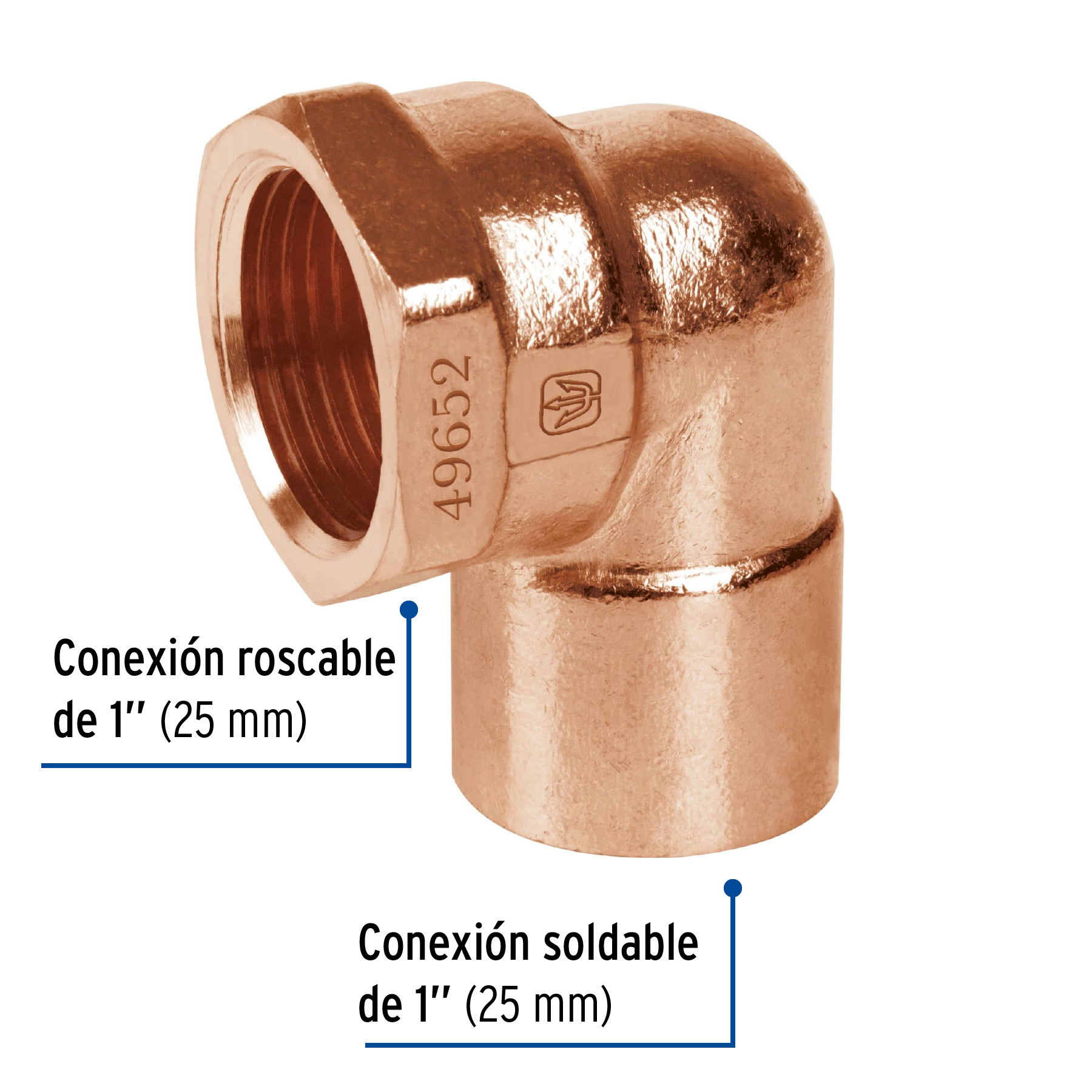 Codo 90° de cobre, rosca interior 1', FOSET - Imagen 3