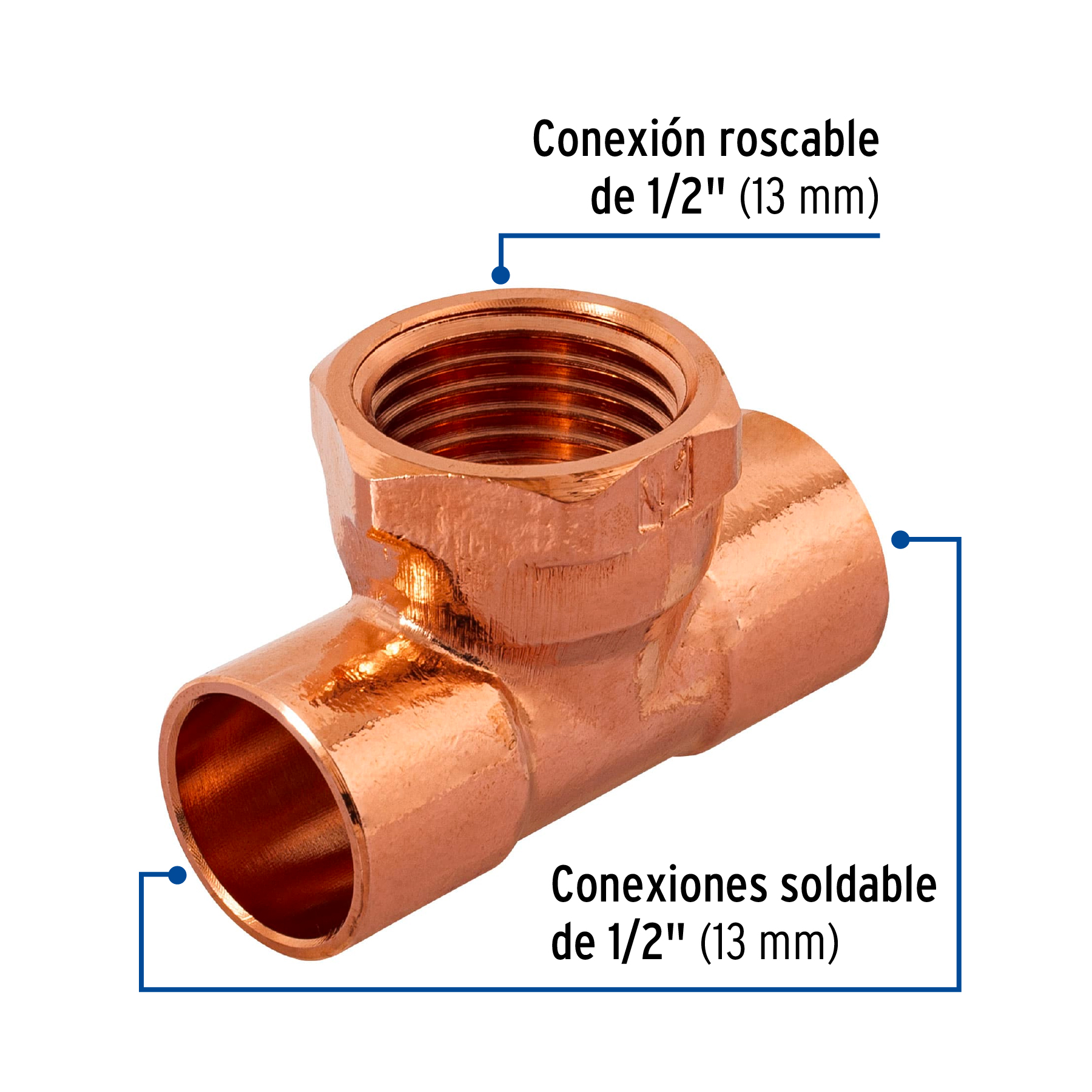 Tee de cobre rosca interior central 1/2', FOSET - Imagen 3