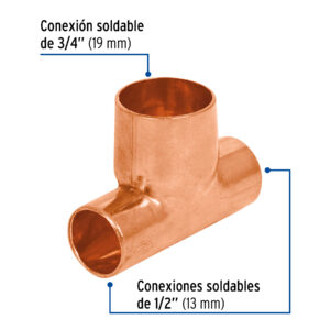 Tee reducida de cobre 1/2' x 1/2' x 3/4', FOSET - Imagen 3