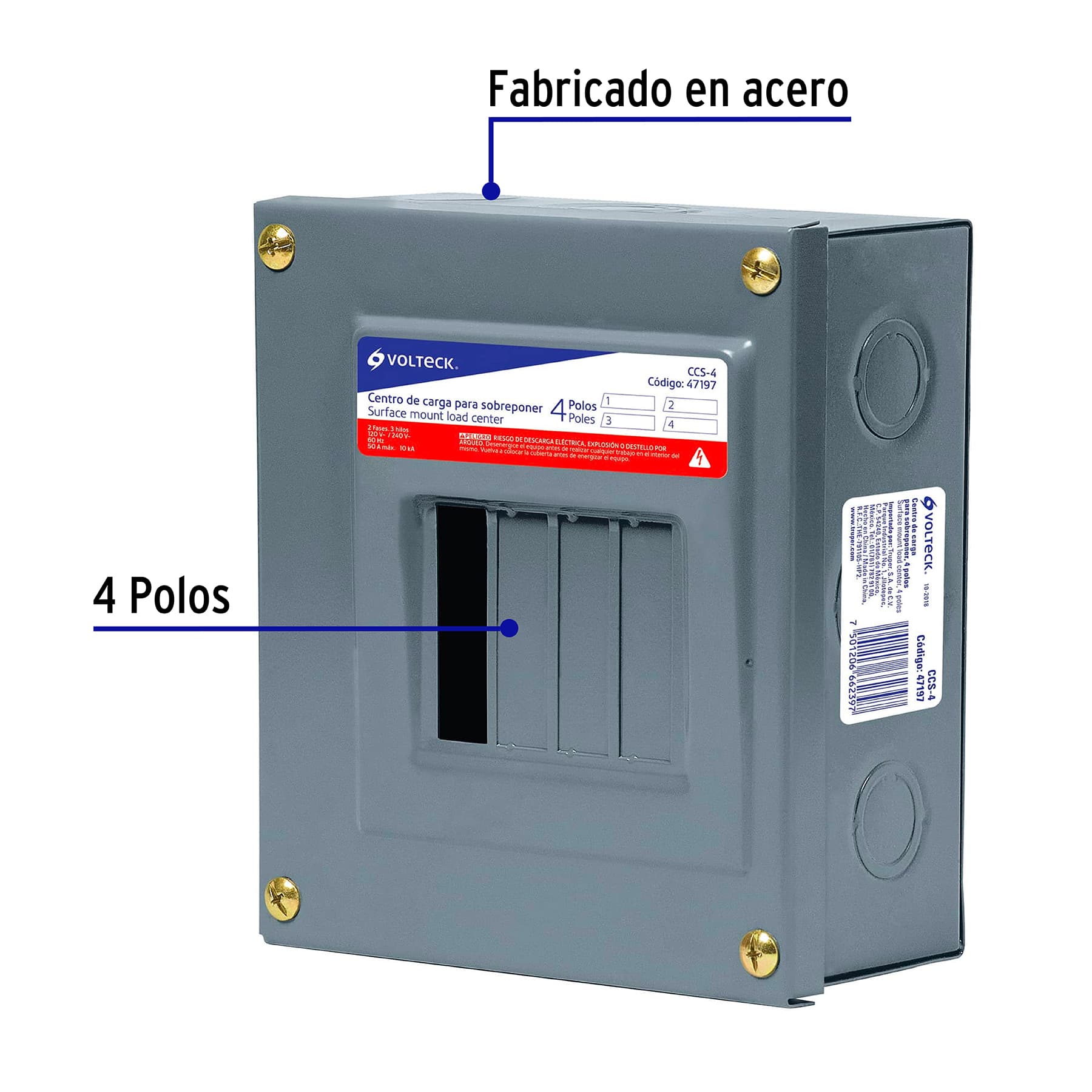Centro de carga metálico 4 polos 50A de sobreponer, VOLTECK - Imagen 3