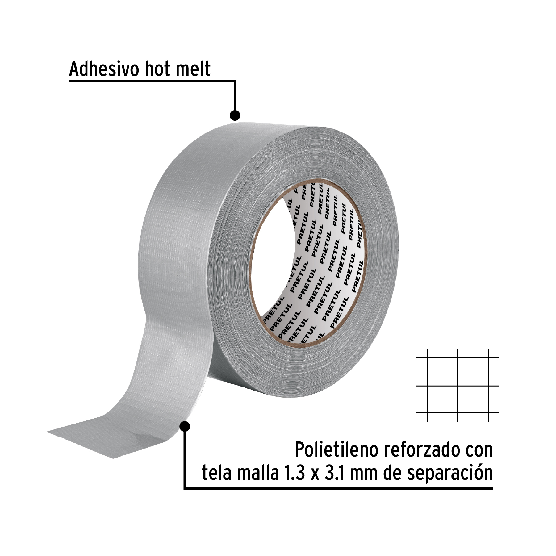 Cinta para ducto 50m x 48mm, espesor 0.16mm, PRETUL - Imagen 3