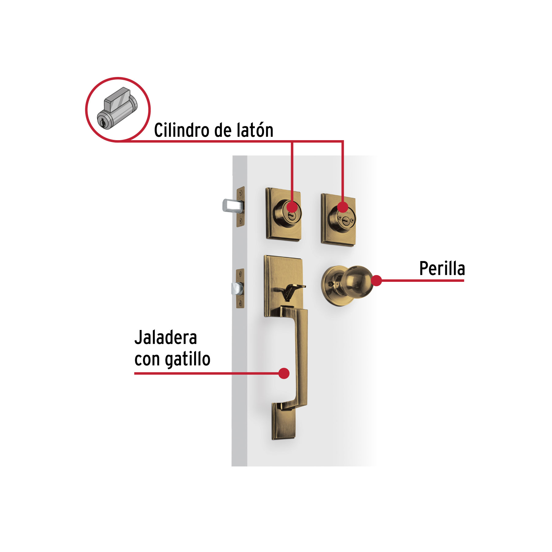 Jaladera/perilla/cerrojo, Porto llave-llave, Latón Antiguo - Imagen 3