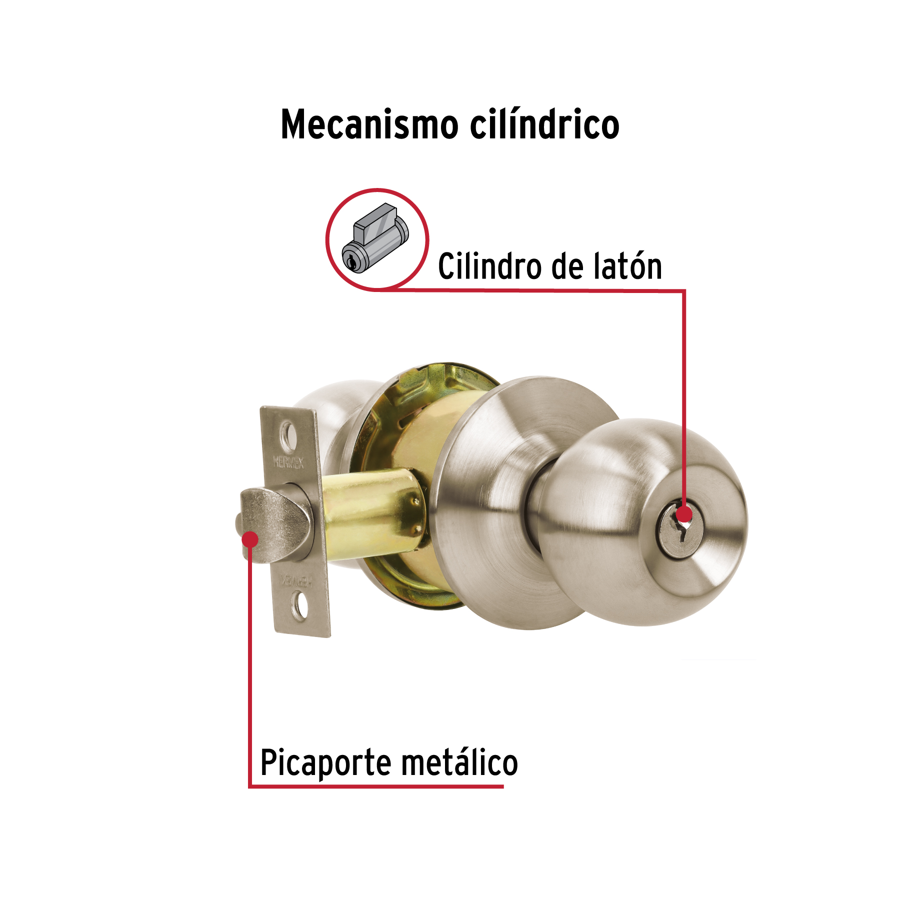 Cerradura tipo esfera para entrada, níquel satín, HERMEX - Imagen 3