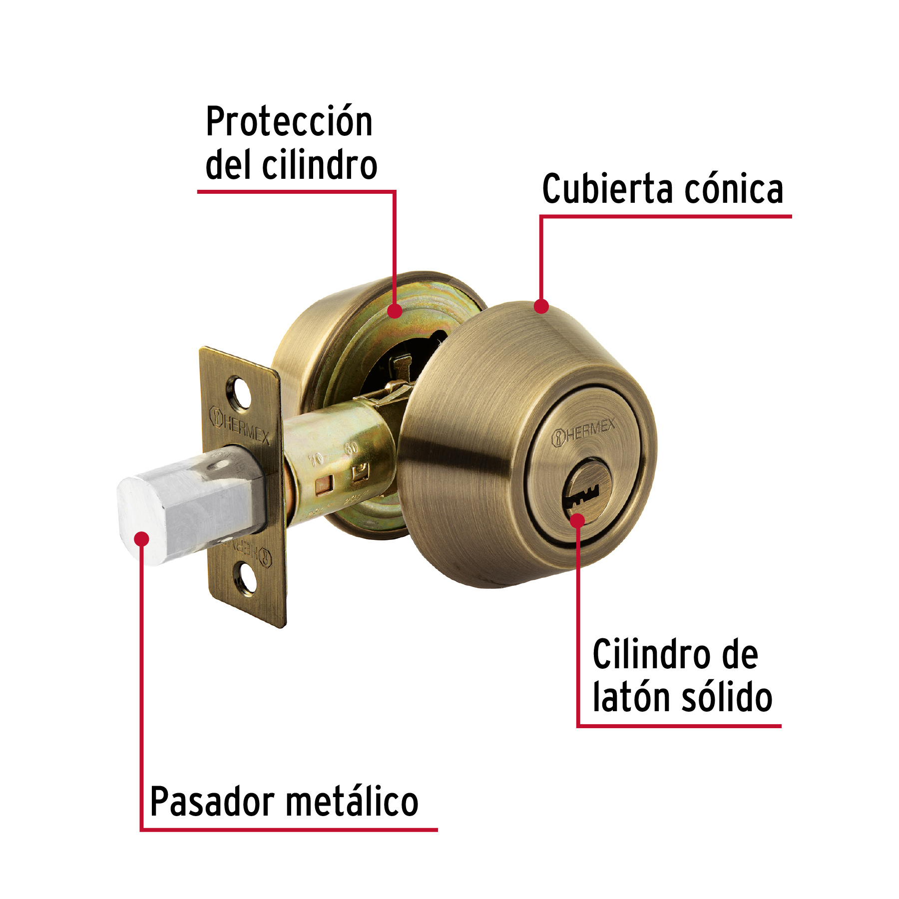 Cerrojo llave-llave latón antiguo, llave puntos, HERMEX - Imagen 5