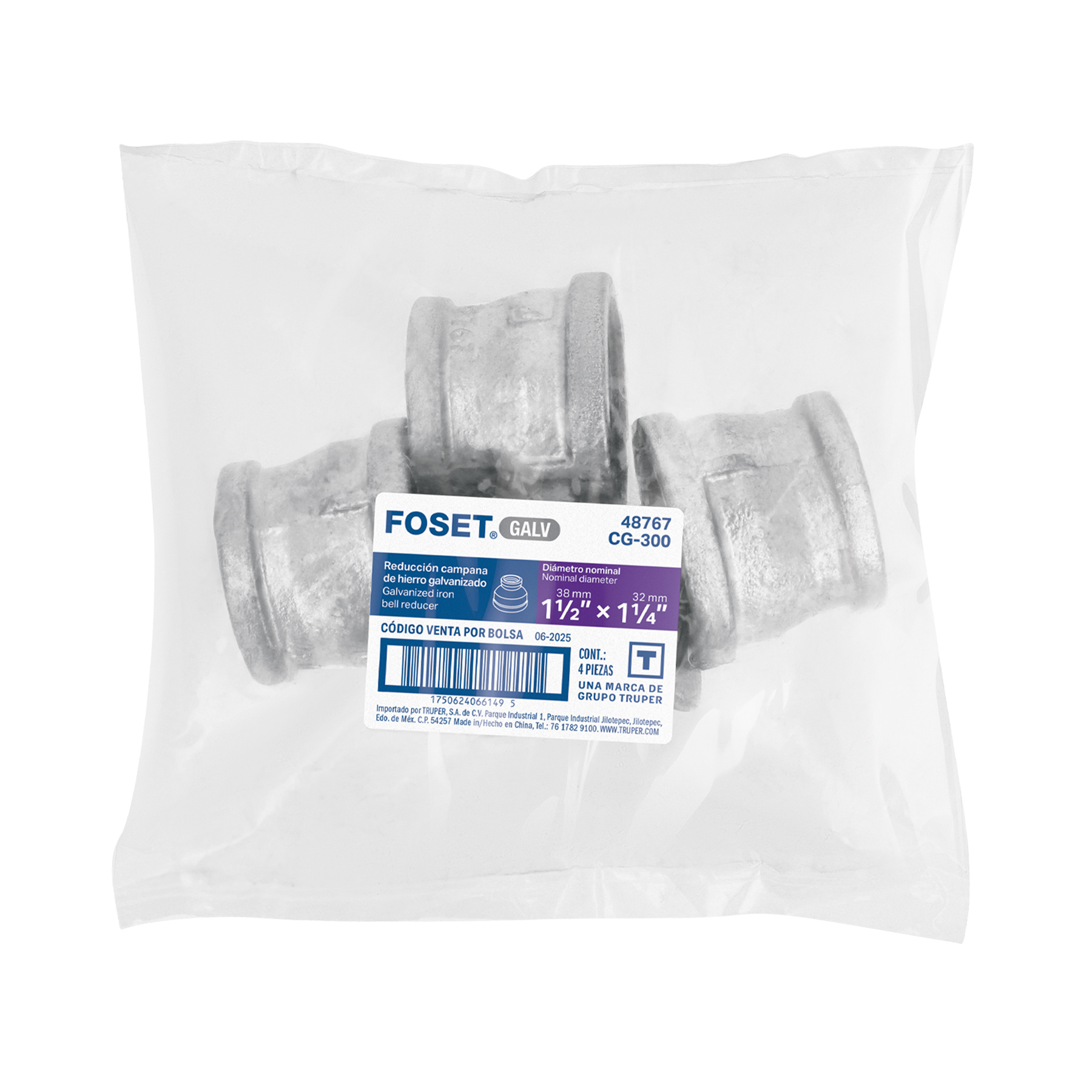 Reducción campana acero galvanizado 1-1/2'x1-1/4', FOSET - Imagen 4