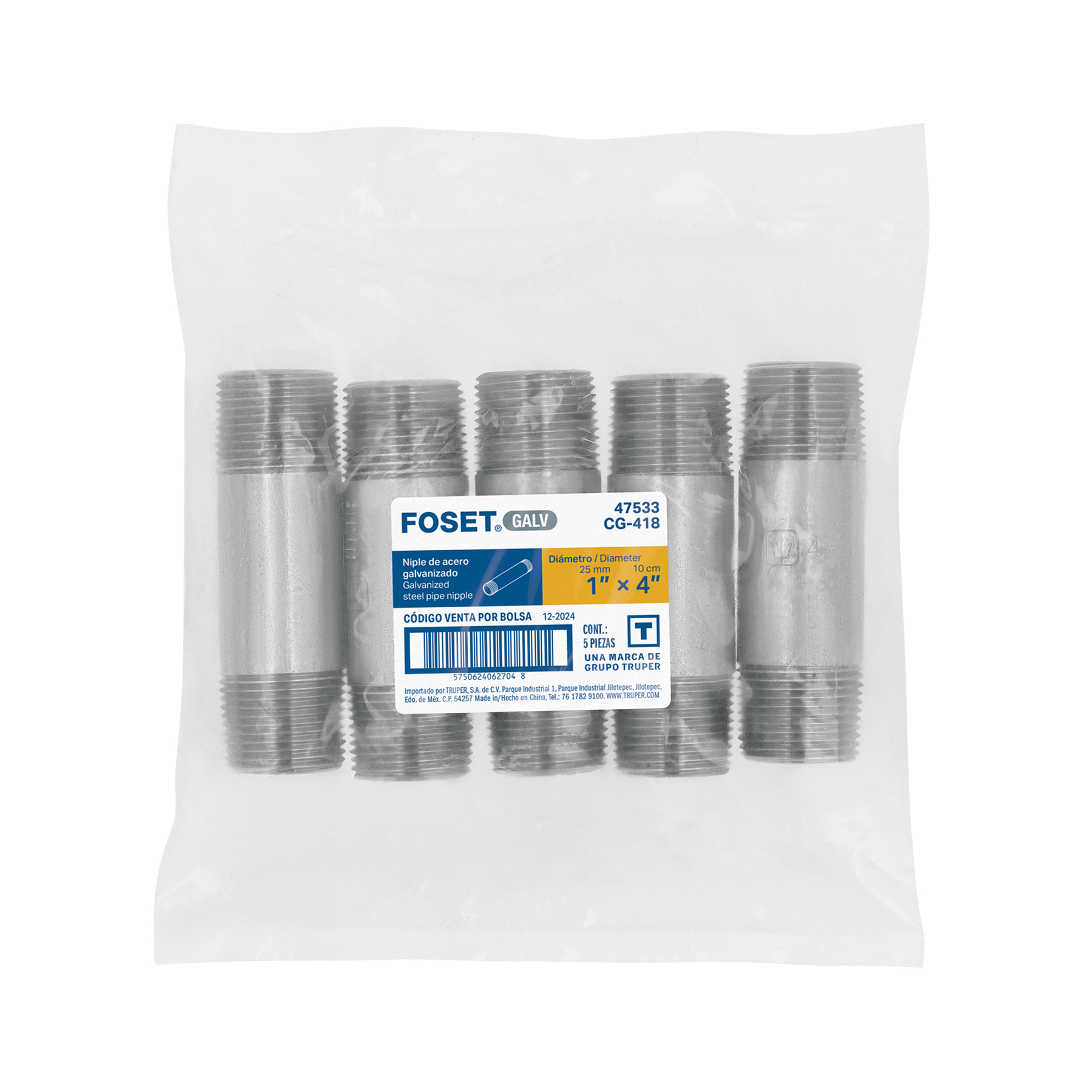 Niple de acero galvanizado 1' x 4', FOSET - Imagen 4