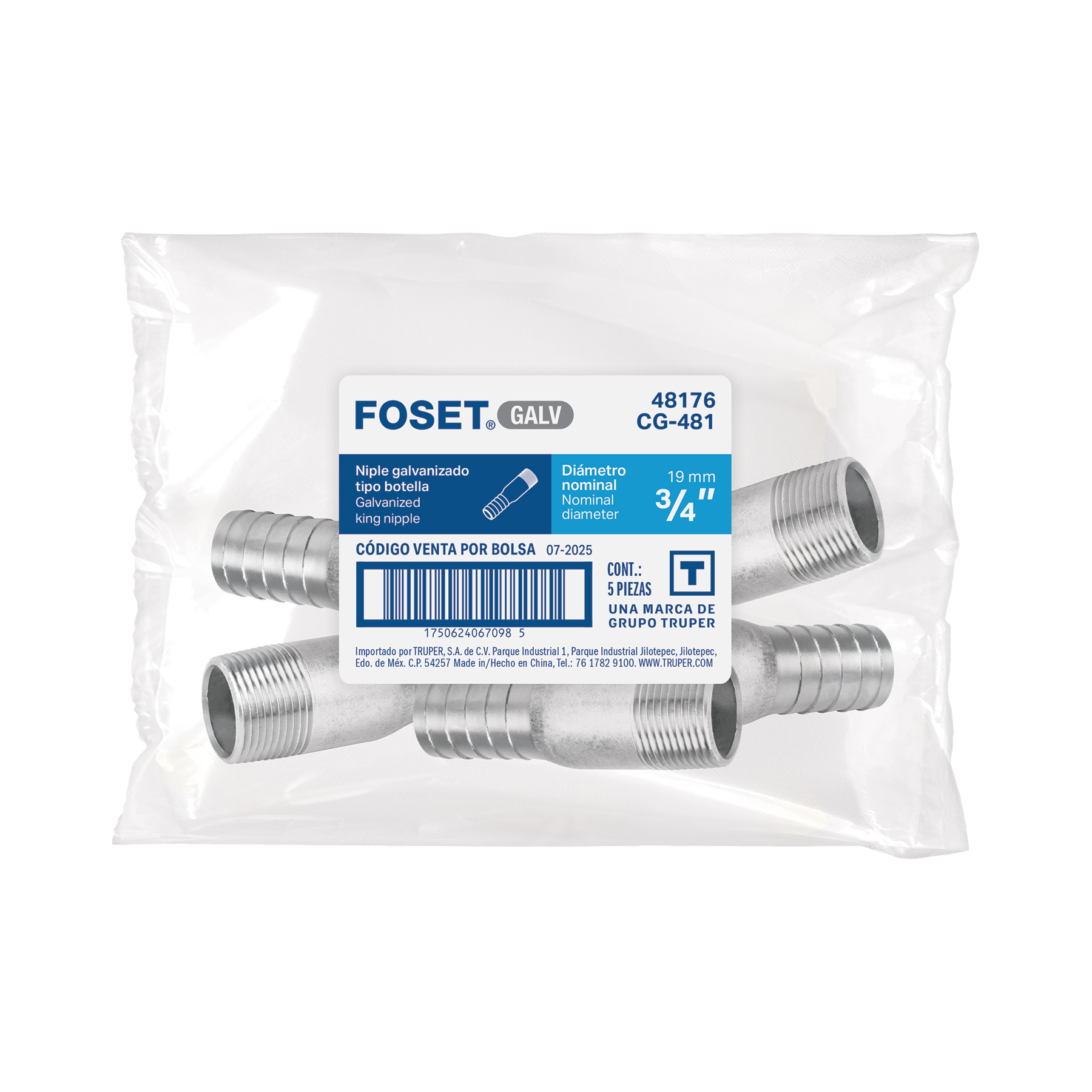 Niple de acero galvanizado 3/4' tipo botella, FOSET - Imagen 4