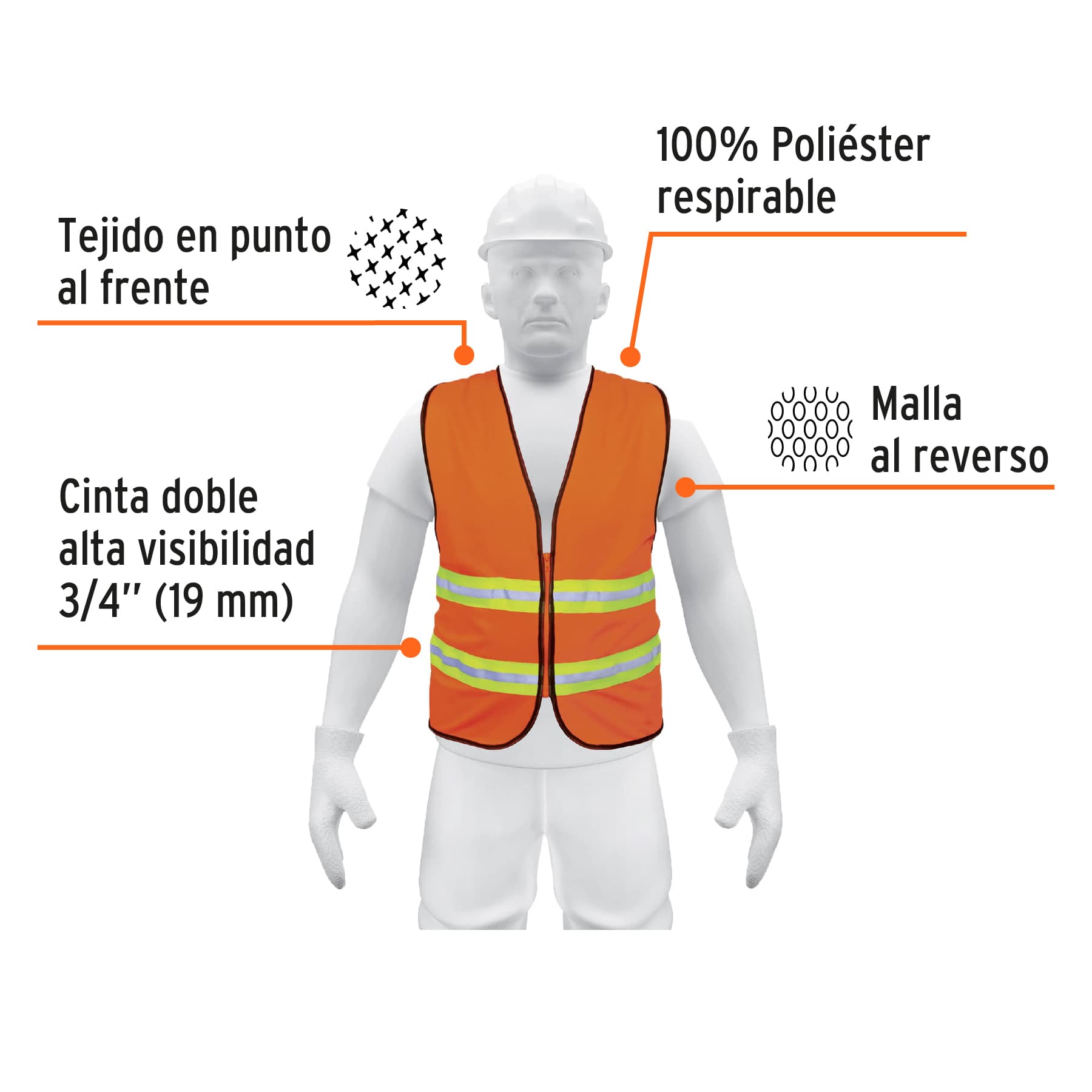 Chaleco de seguridad naranja alta visibilidad con cierre - Imagen 3