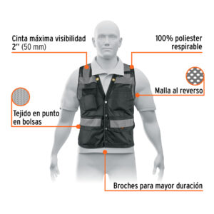 Chaleco seguridad reforzado negro con bolsas, M, EXPERT - Imagen 3