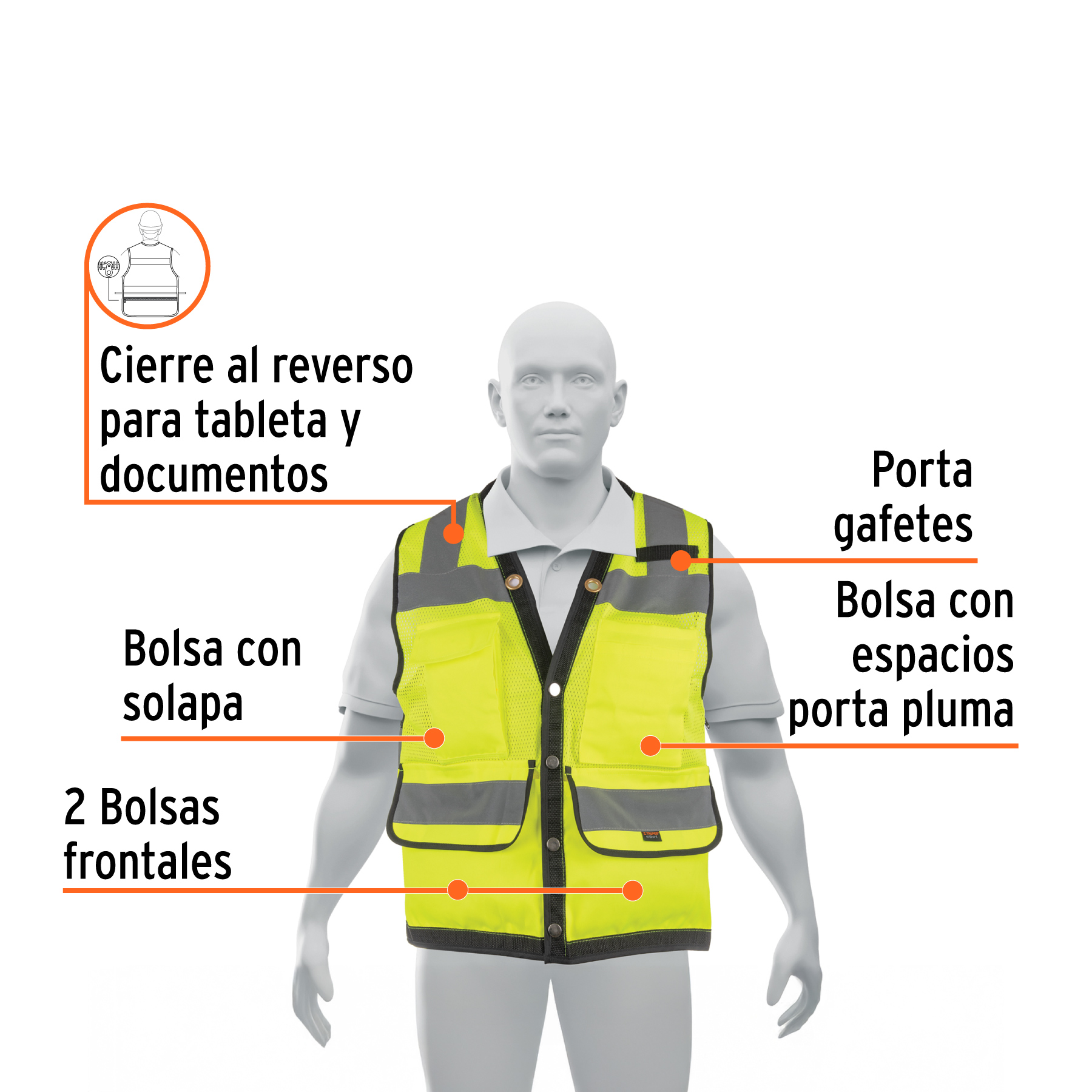 Chaleco seguridad reforzado verde con bolsas, EG, EXPERT - Imagen 4