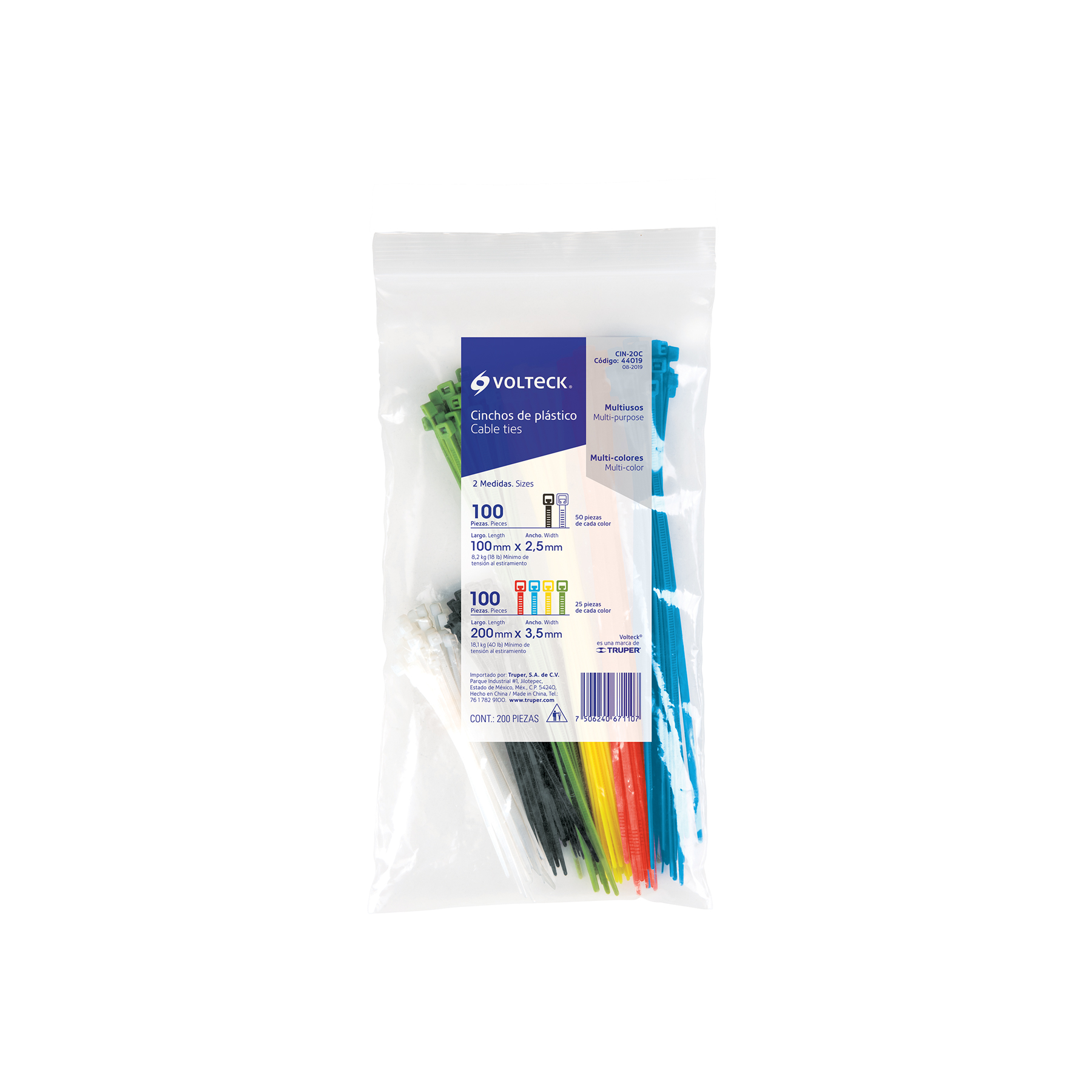 Bolsa con 200 cinchos plásticos en colores surtidos, VOLTECK - Imagen 2