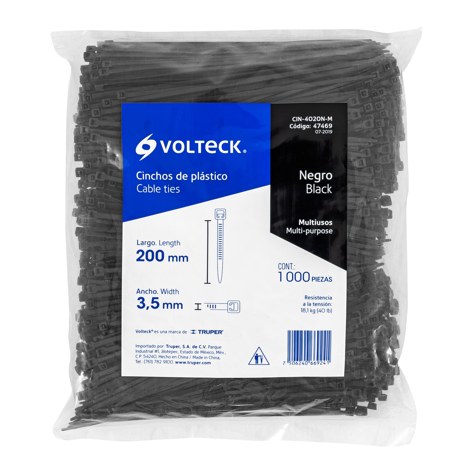 Bolsa con 1000 cinchos plásticos 40 lb, 200 x 3.5 mm, negro - Imagen 4