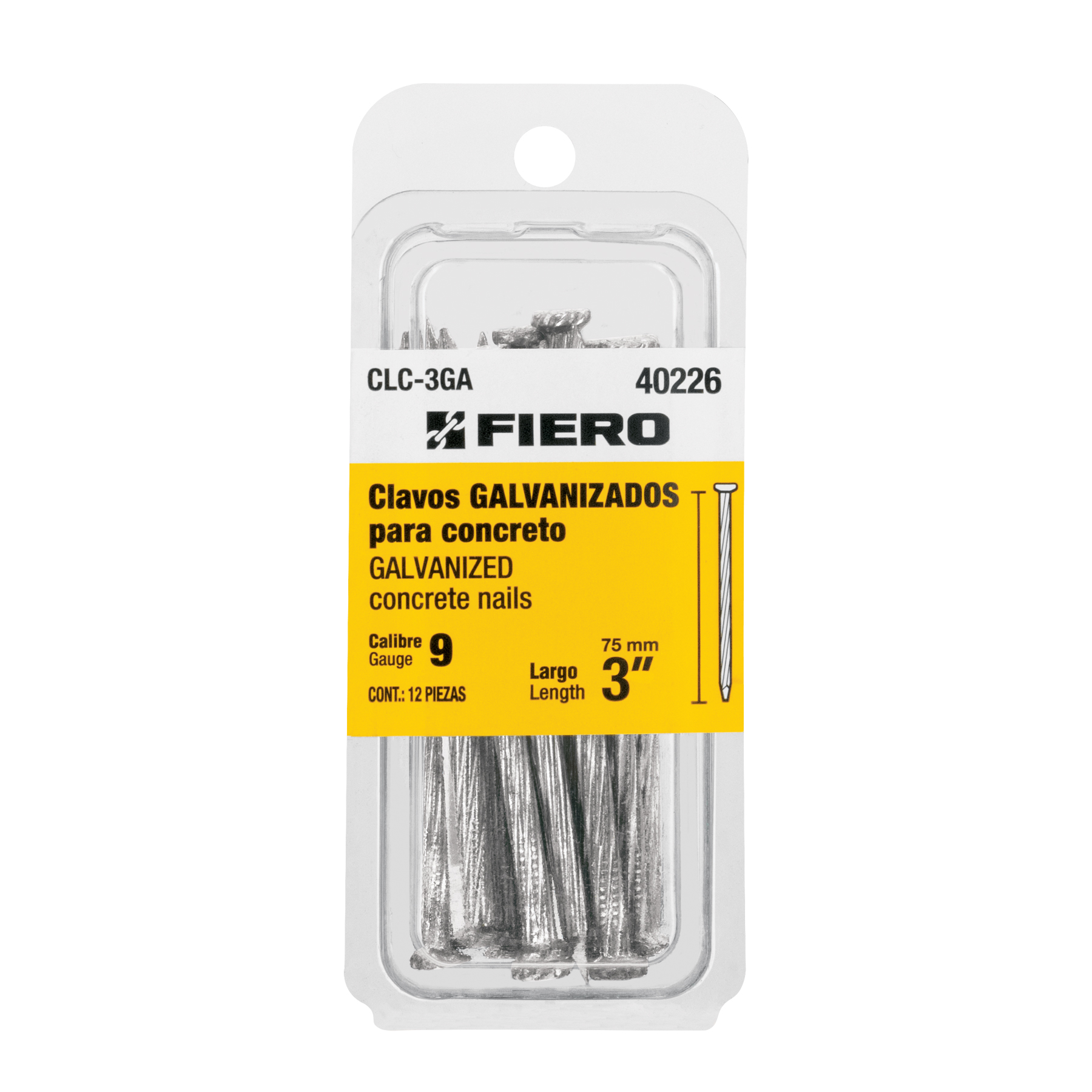 Blíster con 12 clavos galvanizados para concreto 3', FIERO