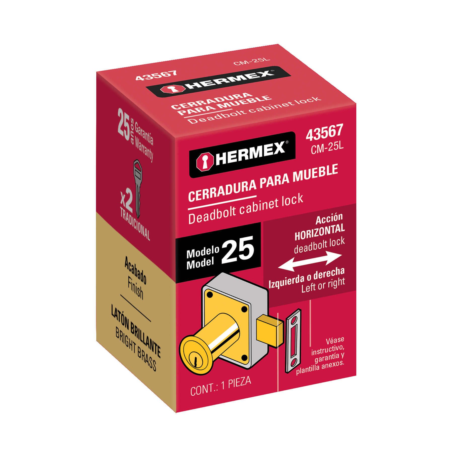 Cerradura para mueble, modelo 25, latón, HERMEX - Imagen 7