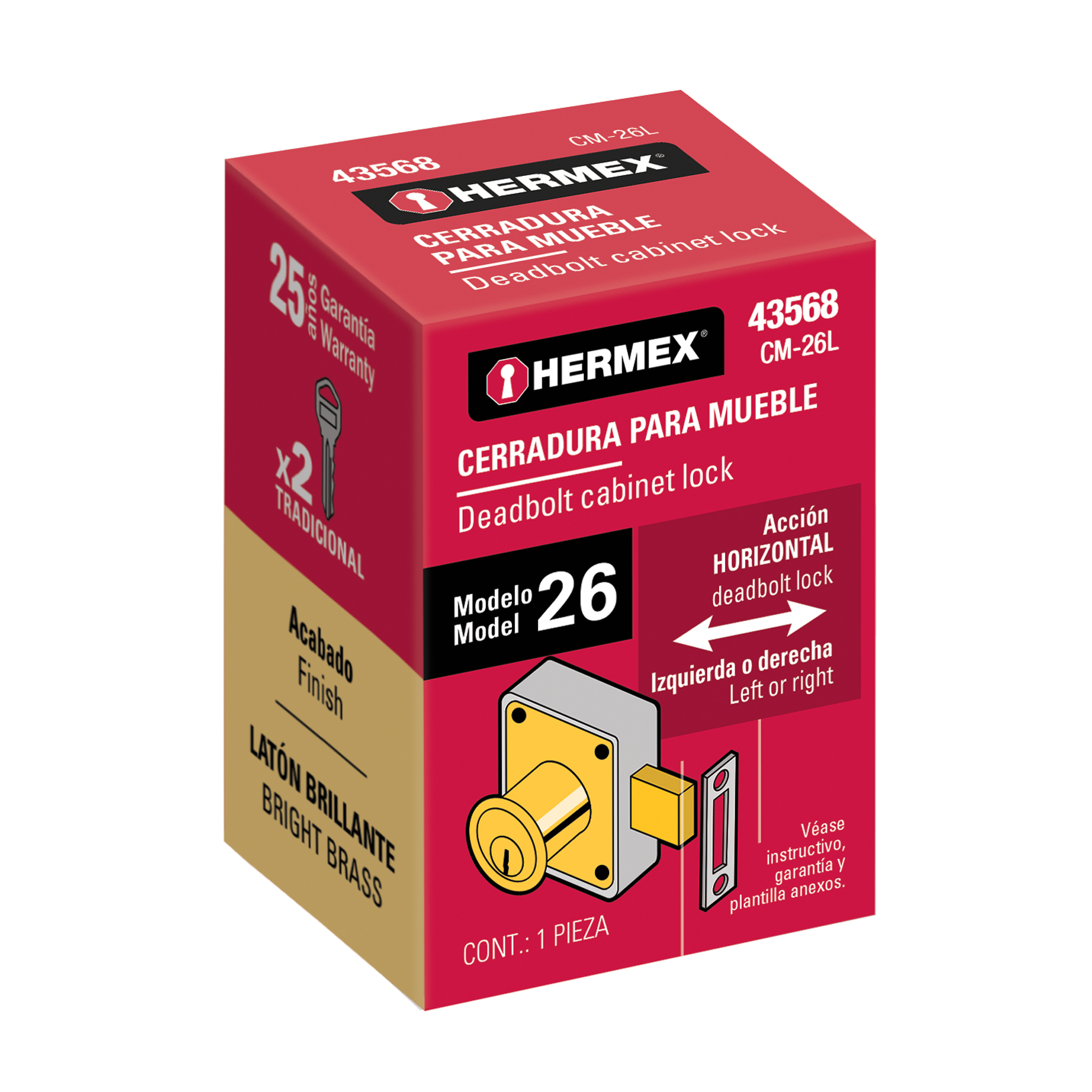 Cerradura para mueble, modelo 26, latón, HERMEX - Imagen 7