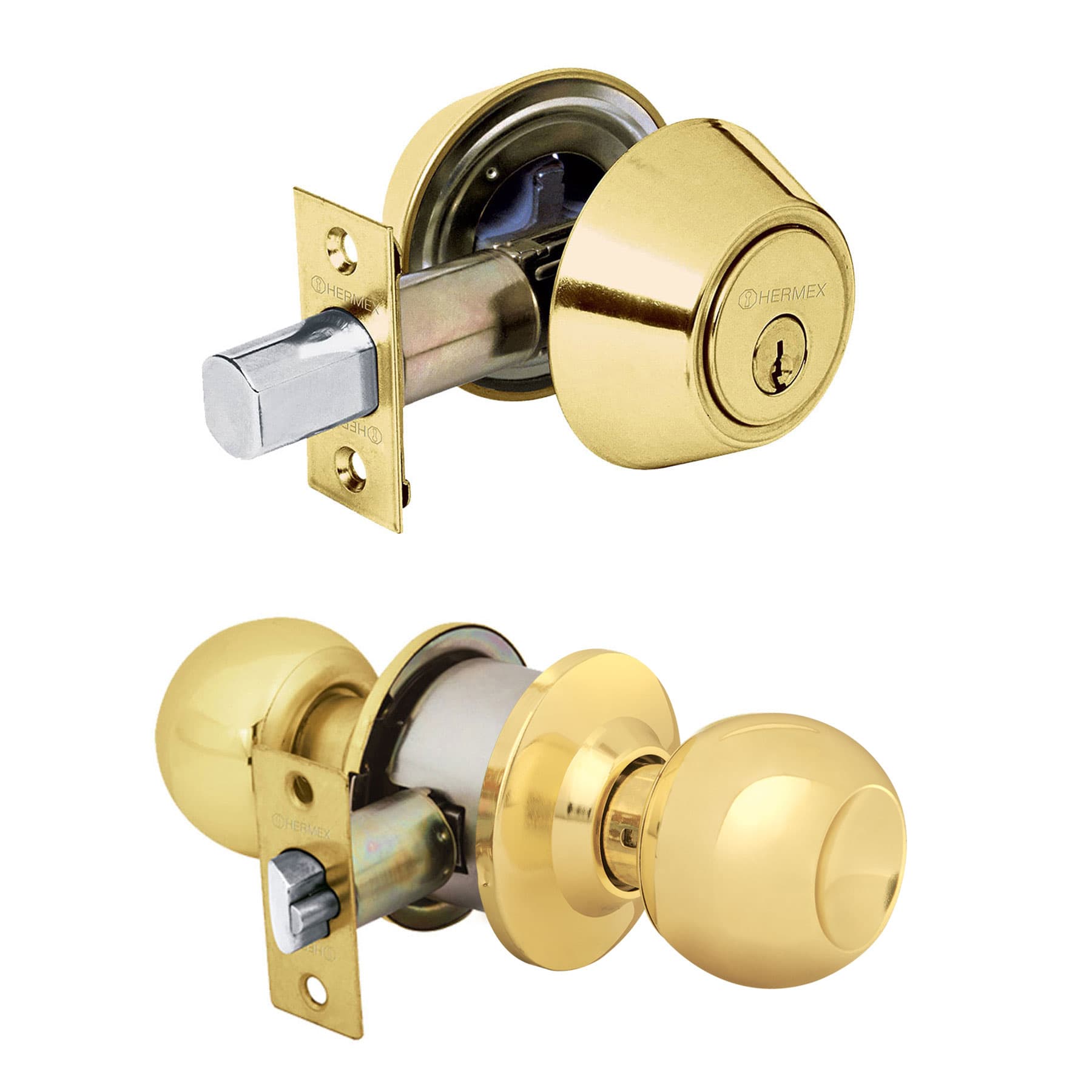 Combo cerraduras, llave-llave, latón brillante, HERMEX BASIC - Imagen 3
