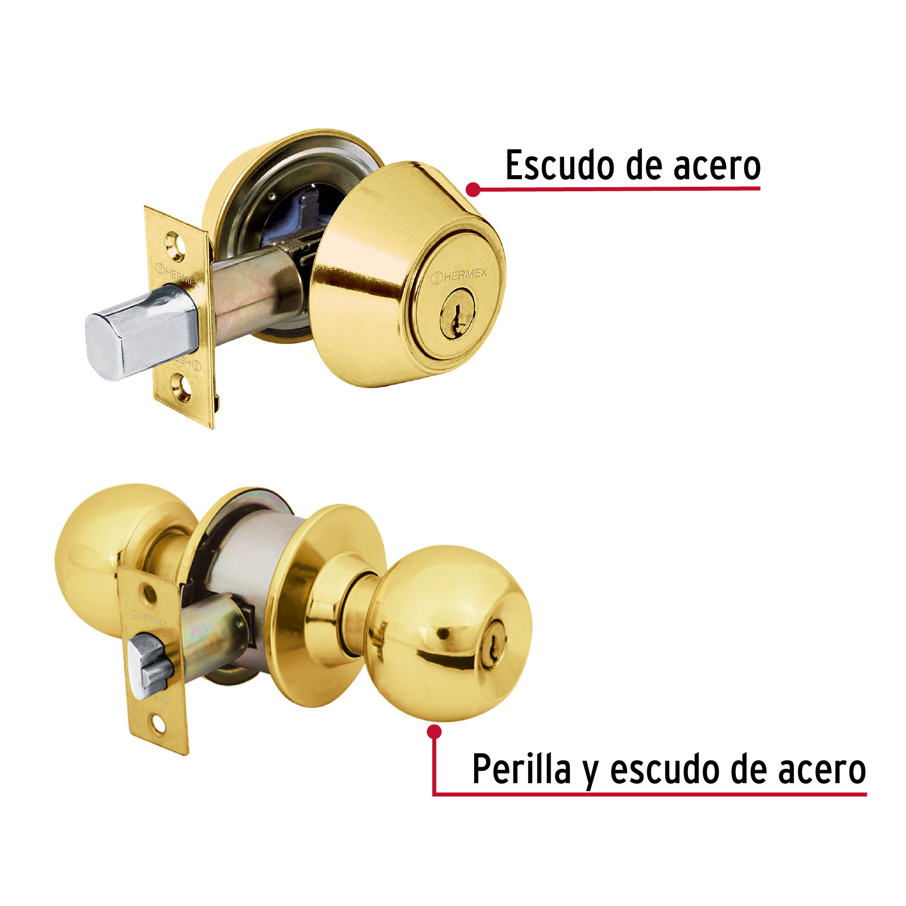 Combo cerraduras, llave-llave, latón brillante, HERMEX BASIC - Imagen 6