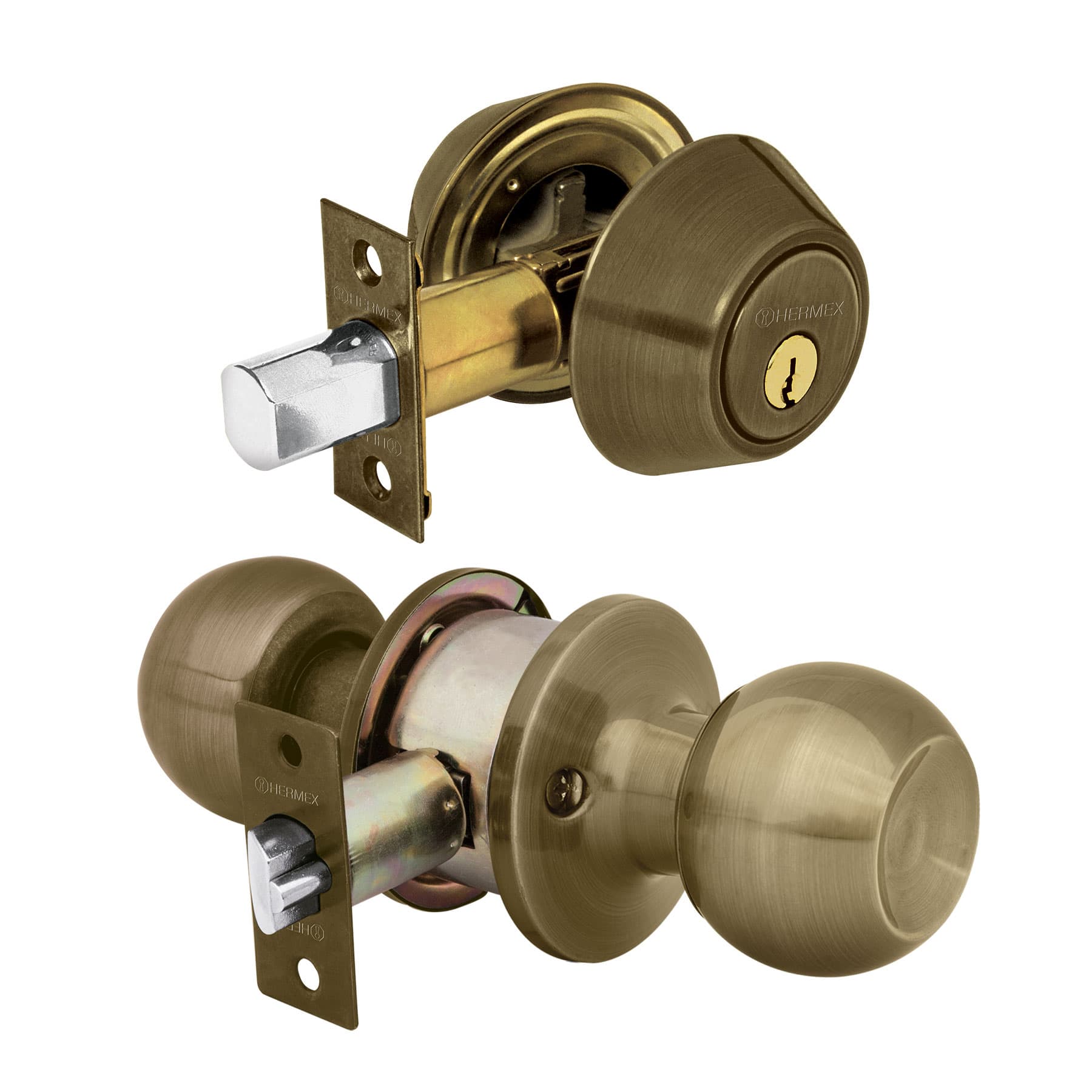 Combo cerraduras, llave-llave, latón antiguo, HERMEX BASIC - Imagen 3