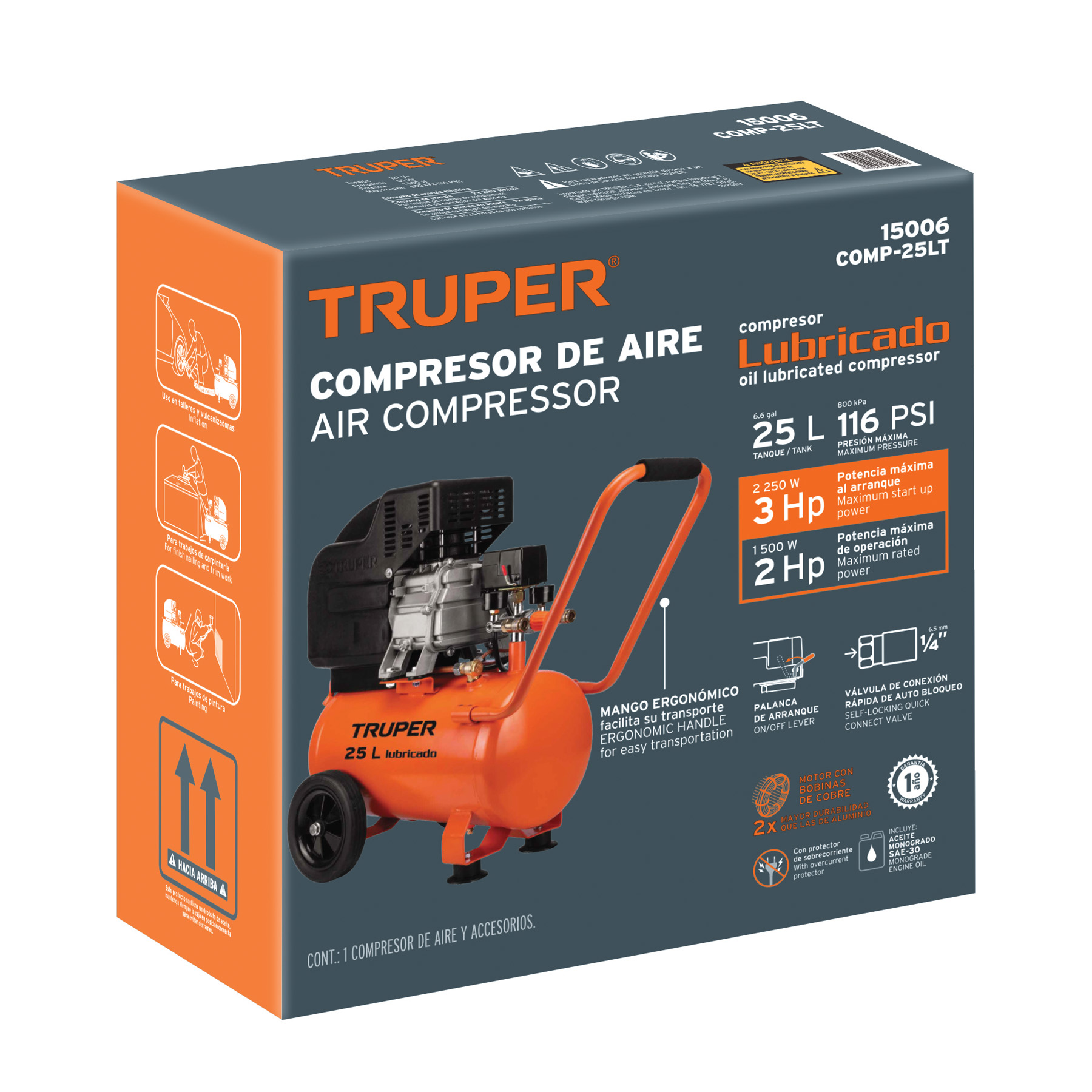 Compresor lubricado, 25L, 3HP, horizontal, 127V, TRUPER - Imagen 4